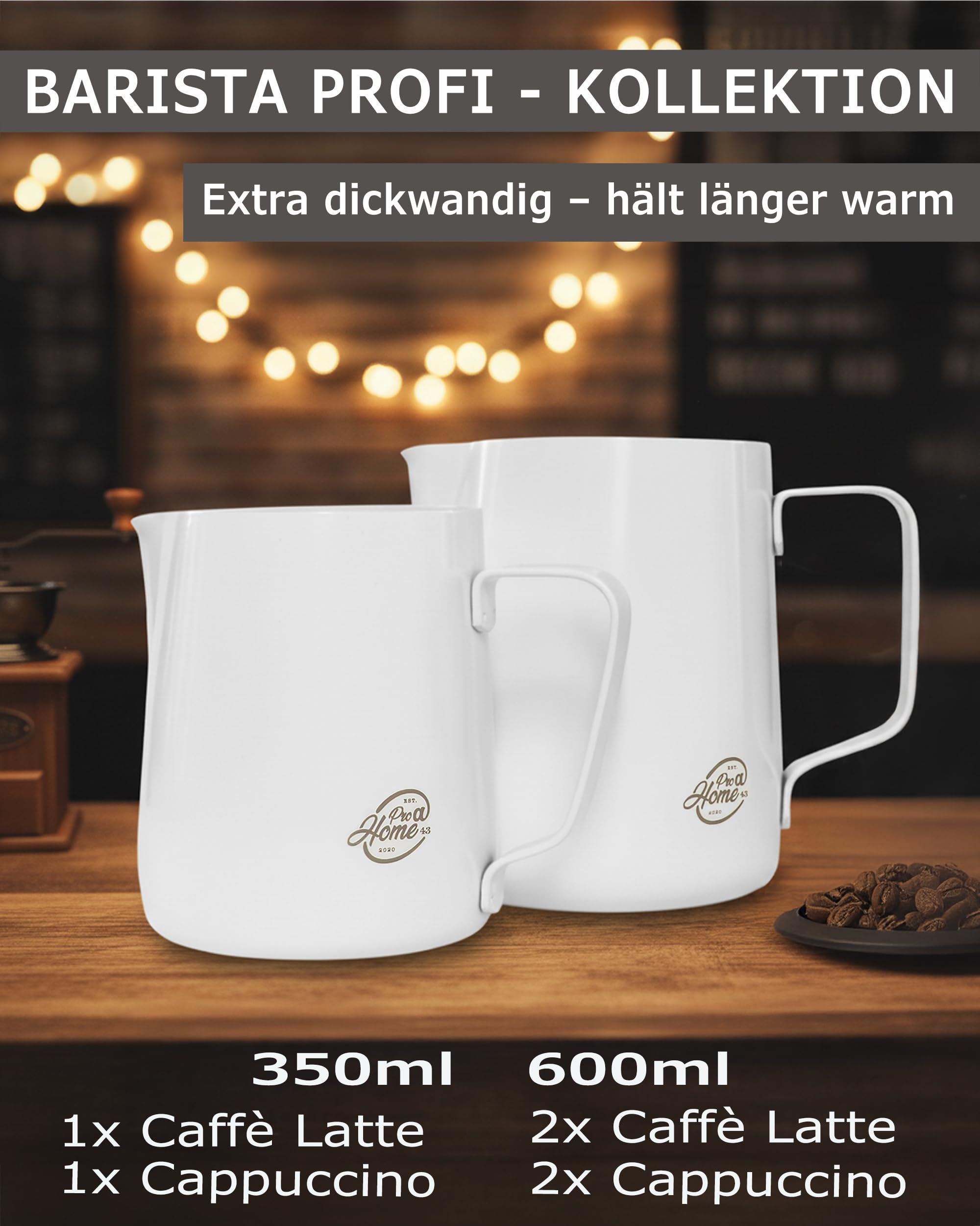 Barista Milchkännchen Edelstahl weiß 600ml (auch 350ml) inkl. Latte Art Stift/Milchschaumkännchen in Geschenkbox