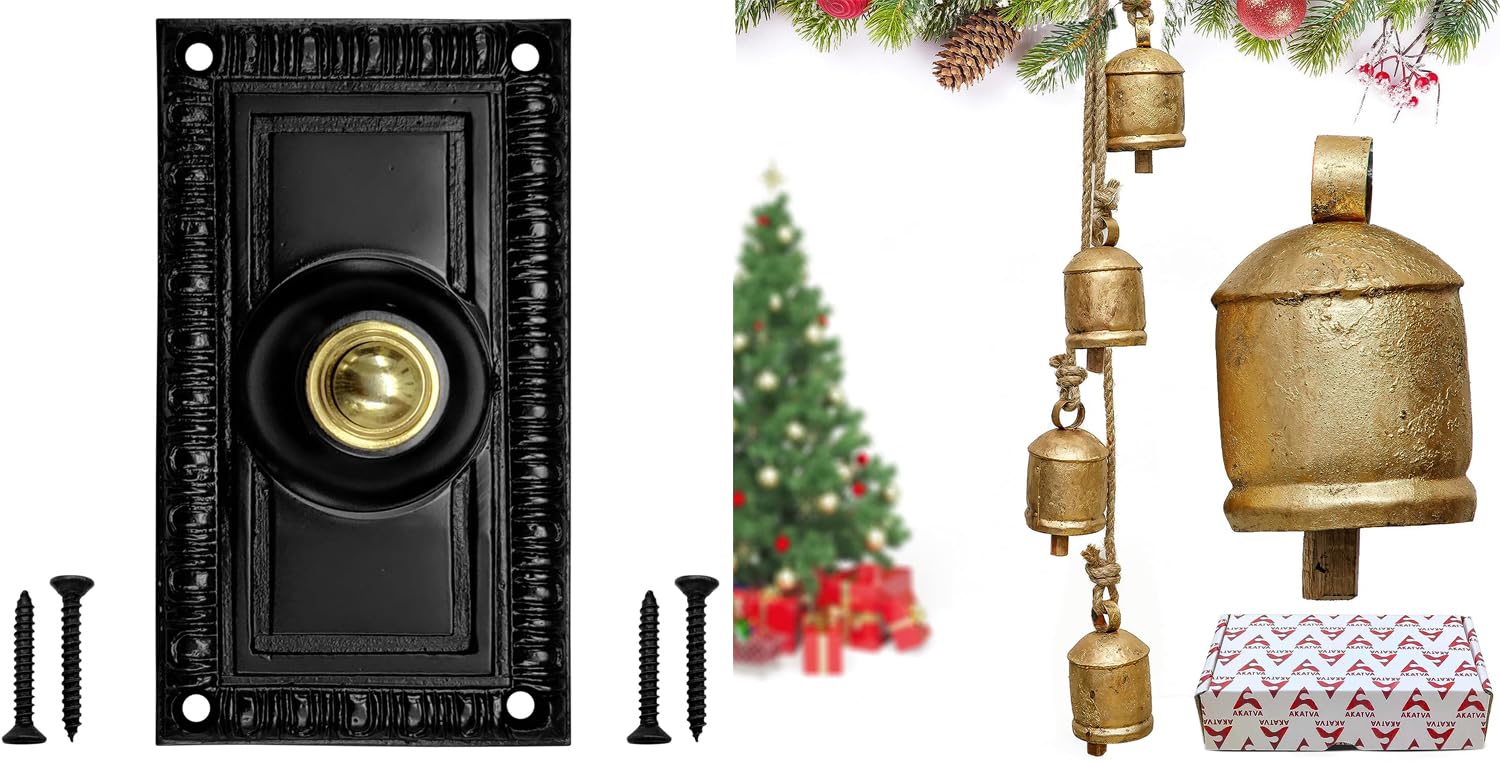 Akatva Door Bell Chime Wired Push Button (Antique Black Finish) - Akatva Christmas Gold Bells for Decoration Set of 4 Rustic Brass