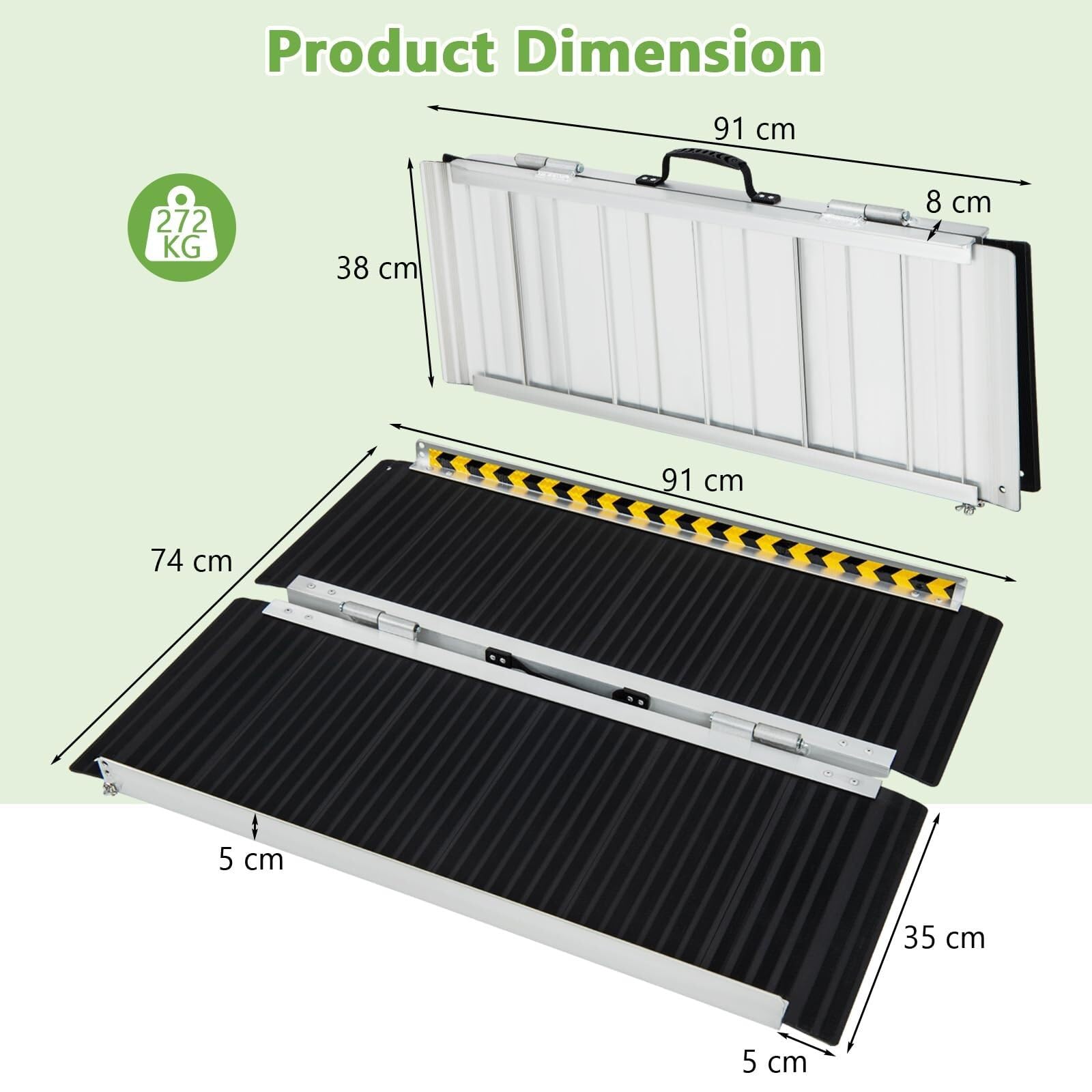 Rampa portátil de aluminio con superficie antideslizante y calcomanías reflectantes para acceso de silla de ruedas en escalones y escaleras