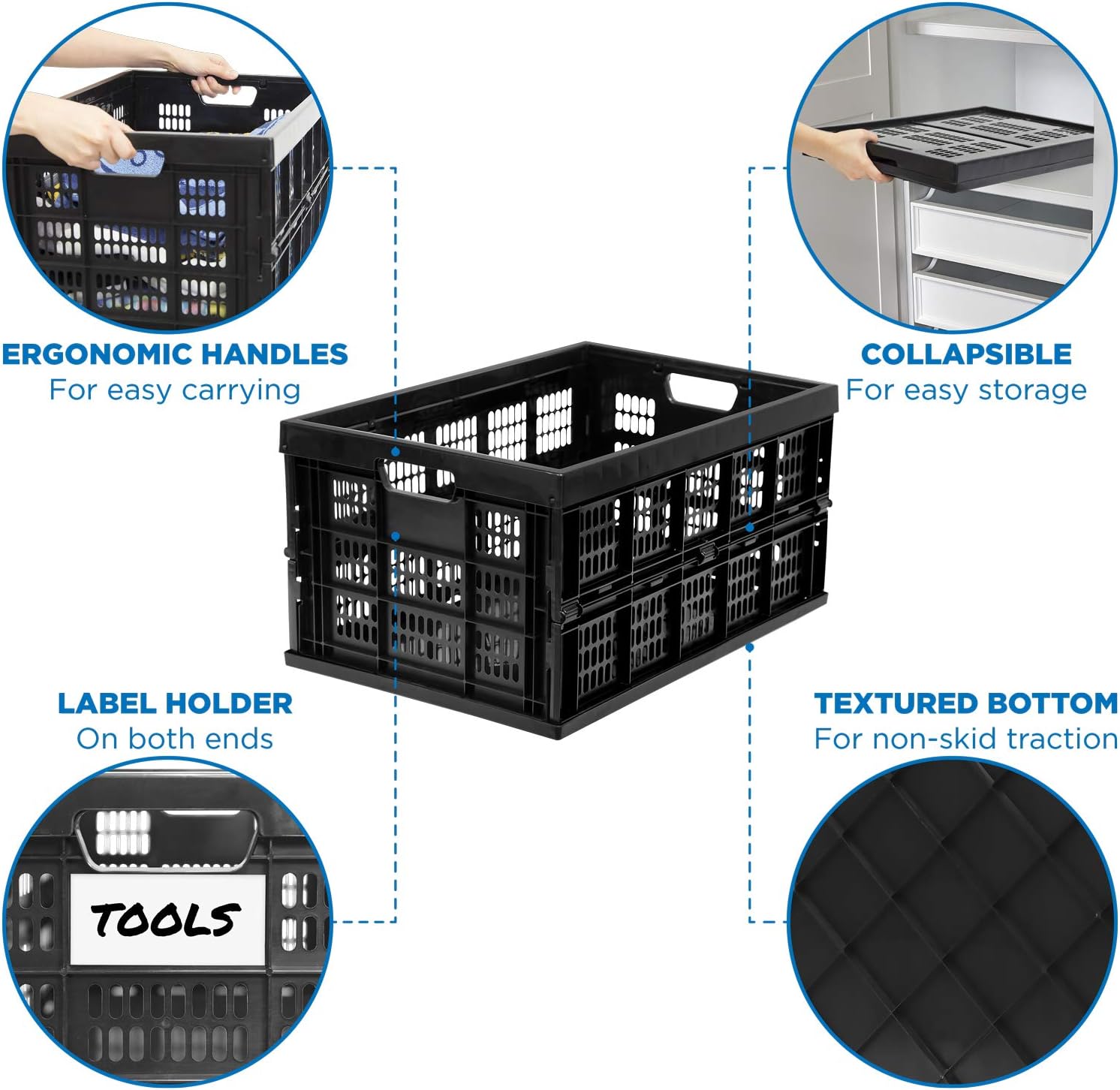 Work-It! Collapsible Milk Crates | 49 Liter Stackable Storage Bins | Set of 3 Folding Plastic Crates