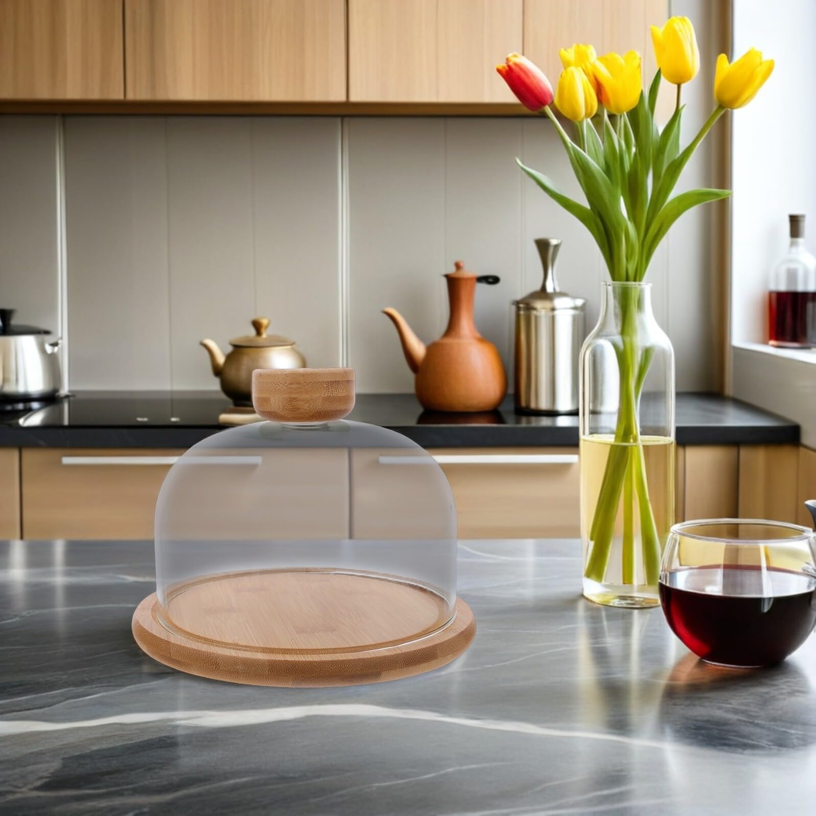 Angoily Tortenständer mit Glasglocke aus Glas und Bambus für Hochzeiten | Vollsichtige Präsentation, Frischebewahrend und Staubgeschützt, Vielseitig für Partys, Desserts, Obst und Snacks