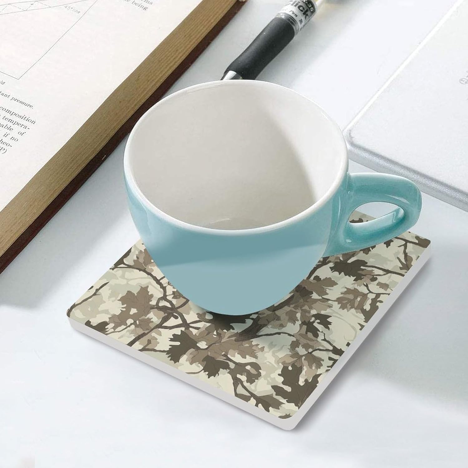 Camouflage Hunting Tree Funny Ceramic Coasters for Drinks Absorbent Cup Holder Tabletop Protector with Cork Base