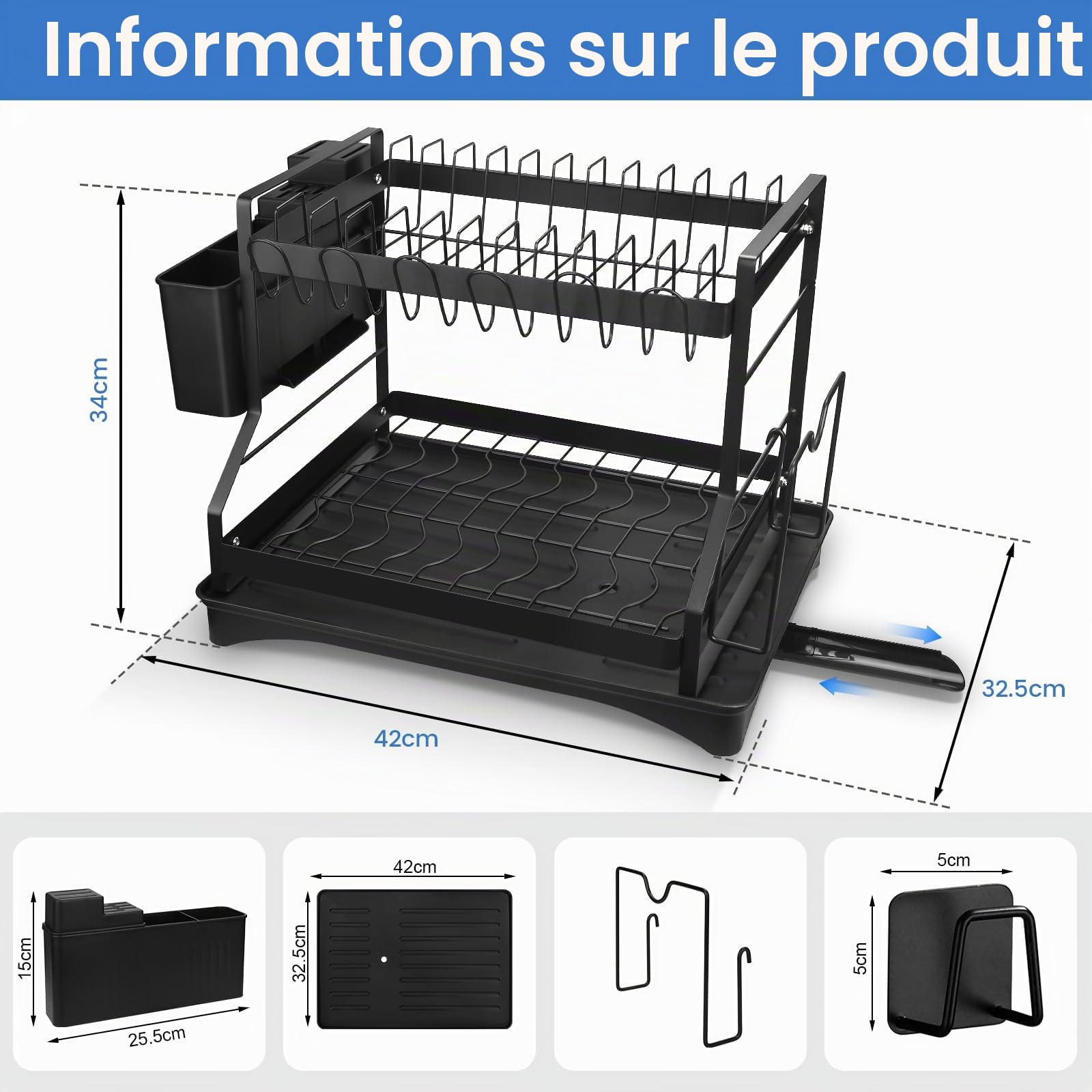 UCAMP Kitchen Dish Drainer with 2 Levels, Stainless Steel Dish Drainer, Utensil Holder, Cup Holder and Drip Tray, Black