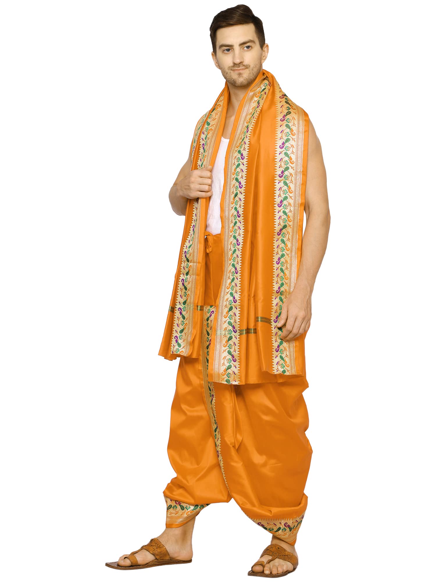 Rameshwaram Fabrics Readymade Dhoti for Men, Velcro Style Stitched Mens Silk Dhoti Pant with Stole Set