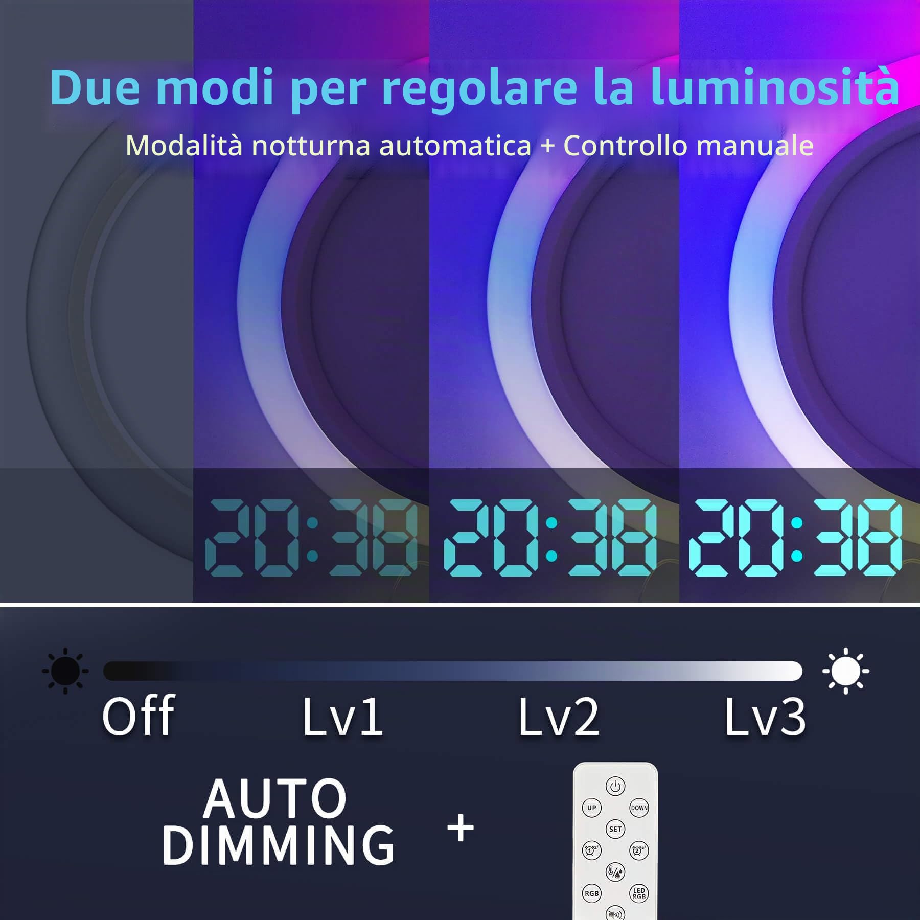 Grande orologio da parete digitale a LED, sveglia da parete rotonda da 12 pollici con telecomando Luce notturna RGB Temperatura per soggiorno, camera da letto, casa, ufficio