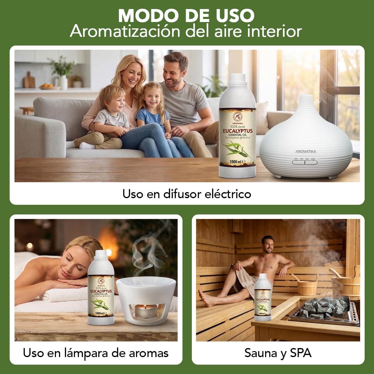 Aceite Esencial de Eucalipto 1000 ml - Eucalyptus Globulus - Natural y Puro - Aceites Esenciales para Difusores - Fragancias para el Hogar - Jabones y Velas - Sauna - Aroma a Eucalipto - Aromaterapia