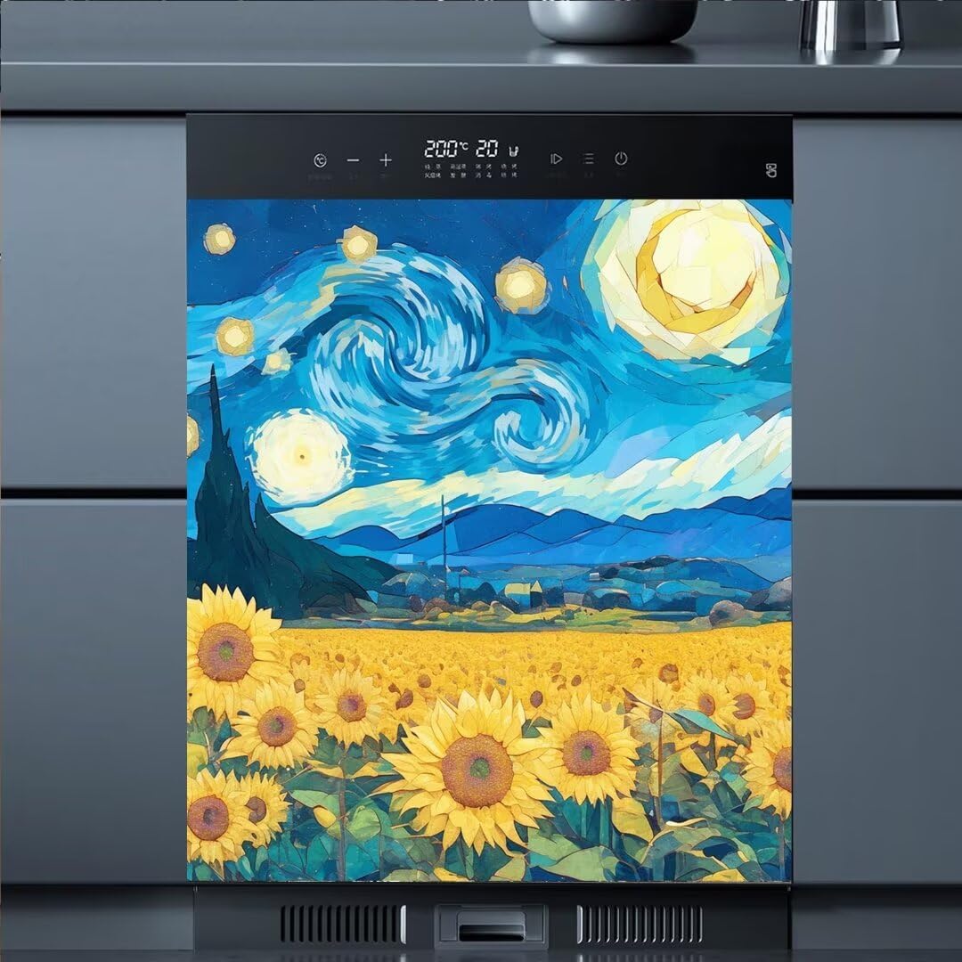 Farmhouse Sunflower Magnet Dishwasher Door Cover Panel Decal, Starry Night Painting Magnetic Fridge Vinyl Door Cover, Country Flower Home Decorative Refrigerator Cover - Magnetic 23" x 26"