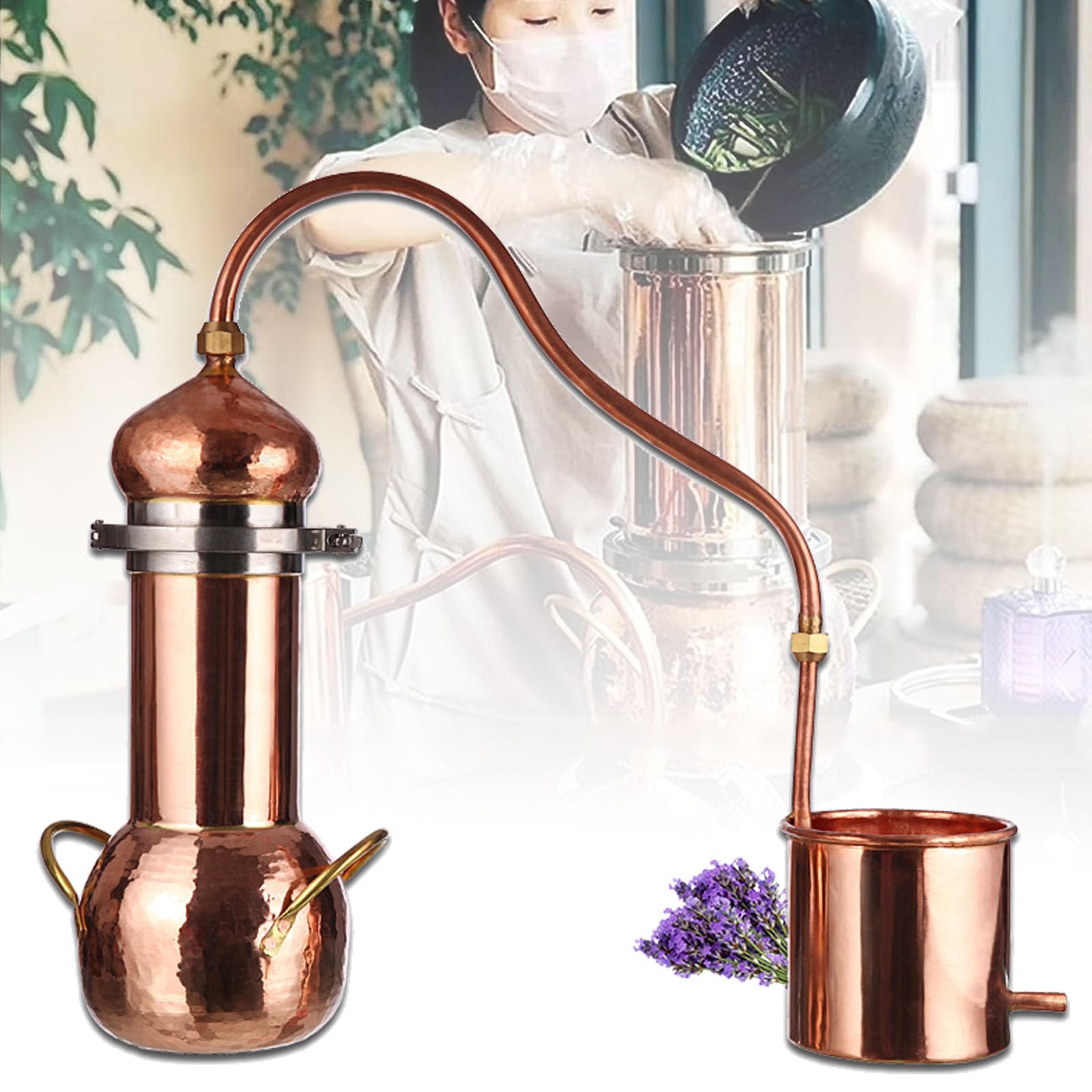 Pure Copper Alembic Distillerll, Home Distiller with 3L 2*Heating Methods High Sealing Water Pump Hose Home Brewing Starter Sets Home Brew Wine Making Kit for Essential Oils Hydrosol