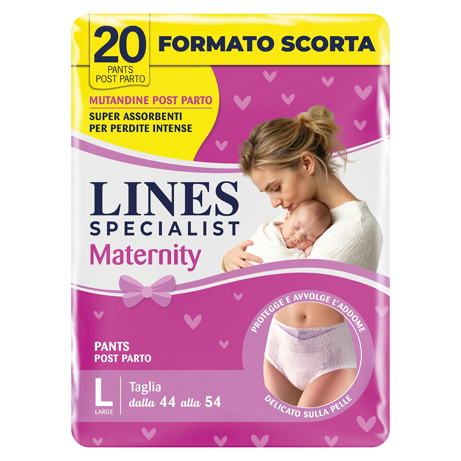 Lines Specialist Maternity, Mutandine Assorbenti Lines Maternity Post Parto, con Supporto Dell'Addome e Assorbenza Rapida per Perdite Post Parto, Taglia L, Confezione da 20 pezzi