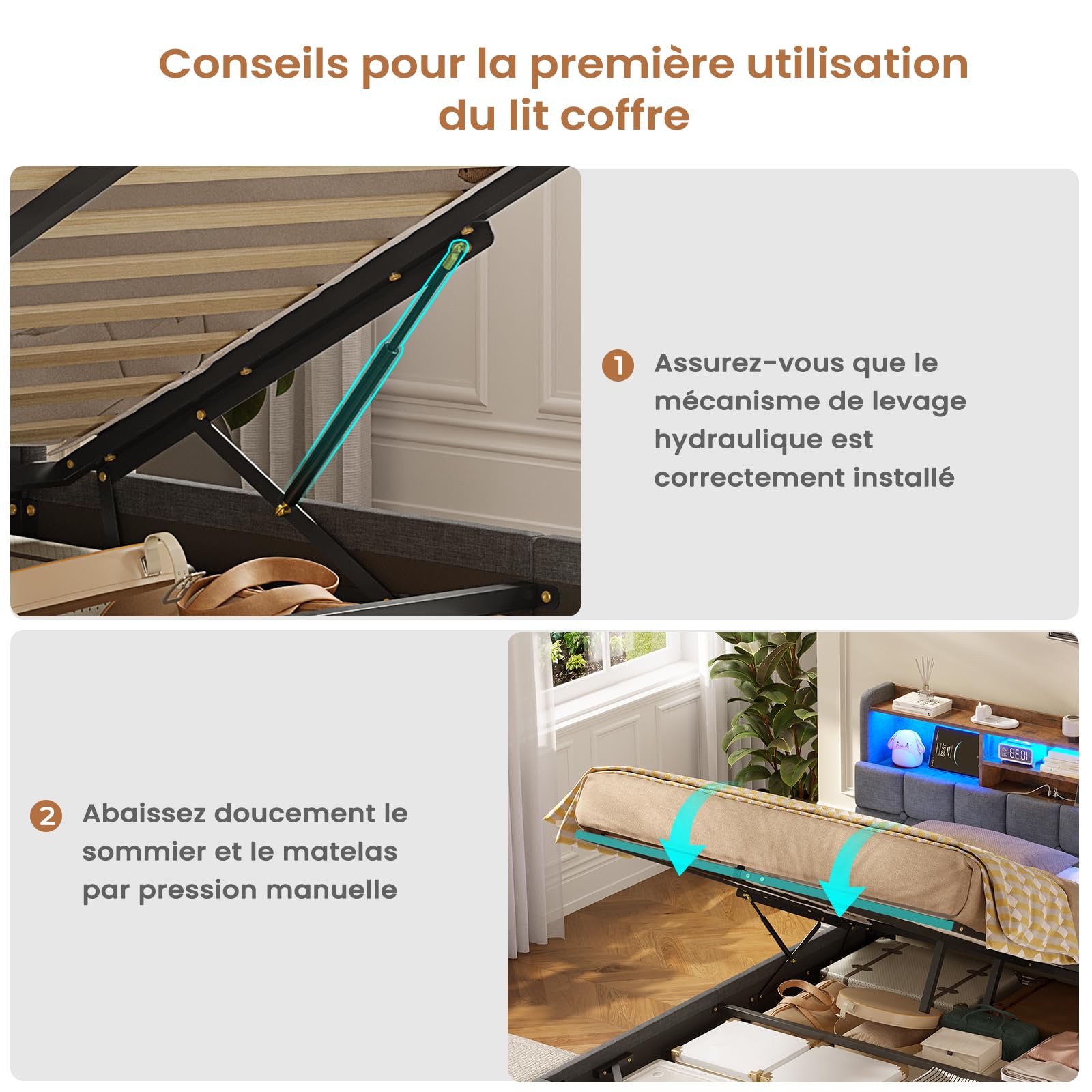 AOGLLATI Lit Coffre 140x190, Lit 140x190 avec Sommier à Lattes en Bois Capitonné avec Multiprise et Ruban LED, 5 Compartiments et Rangement sous Sommier, sans Matelas, Lin Gris Foncé