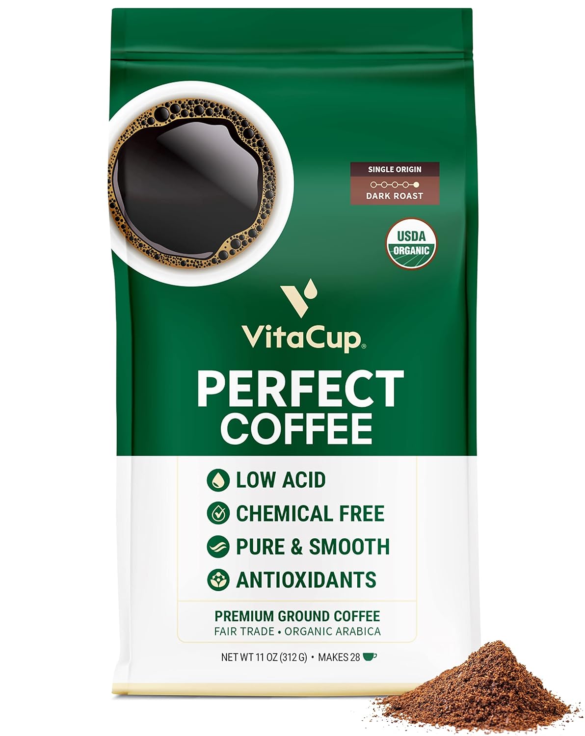 VitaCup Perfect Low Acid Coffee Ground, USDA Organic & Fair Trade, Mycotoxin Free, Dark Roast Guatemala Single Origin, Clean & Pure for Drip Coffee Brewers and French Press, 11 ounces
