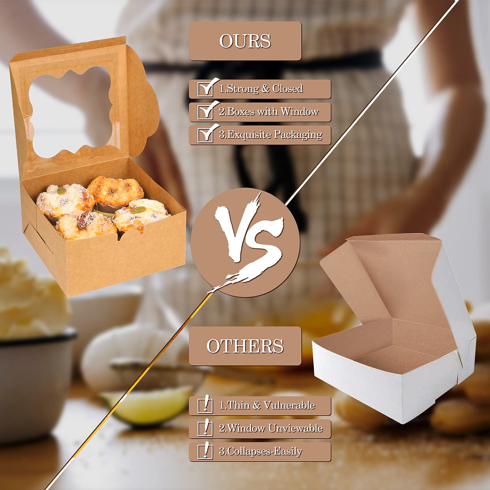 KPOSIYA 65 cajas de panadería con ventana de 6 x 6 x 3 pulgadas, 5 cajas de galletas pequeñas para dulces, postres, pasteles, donas, fiesta de cumpleaños, boda (marrón)