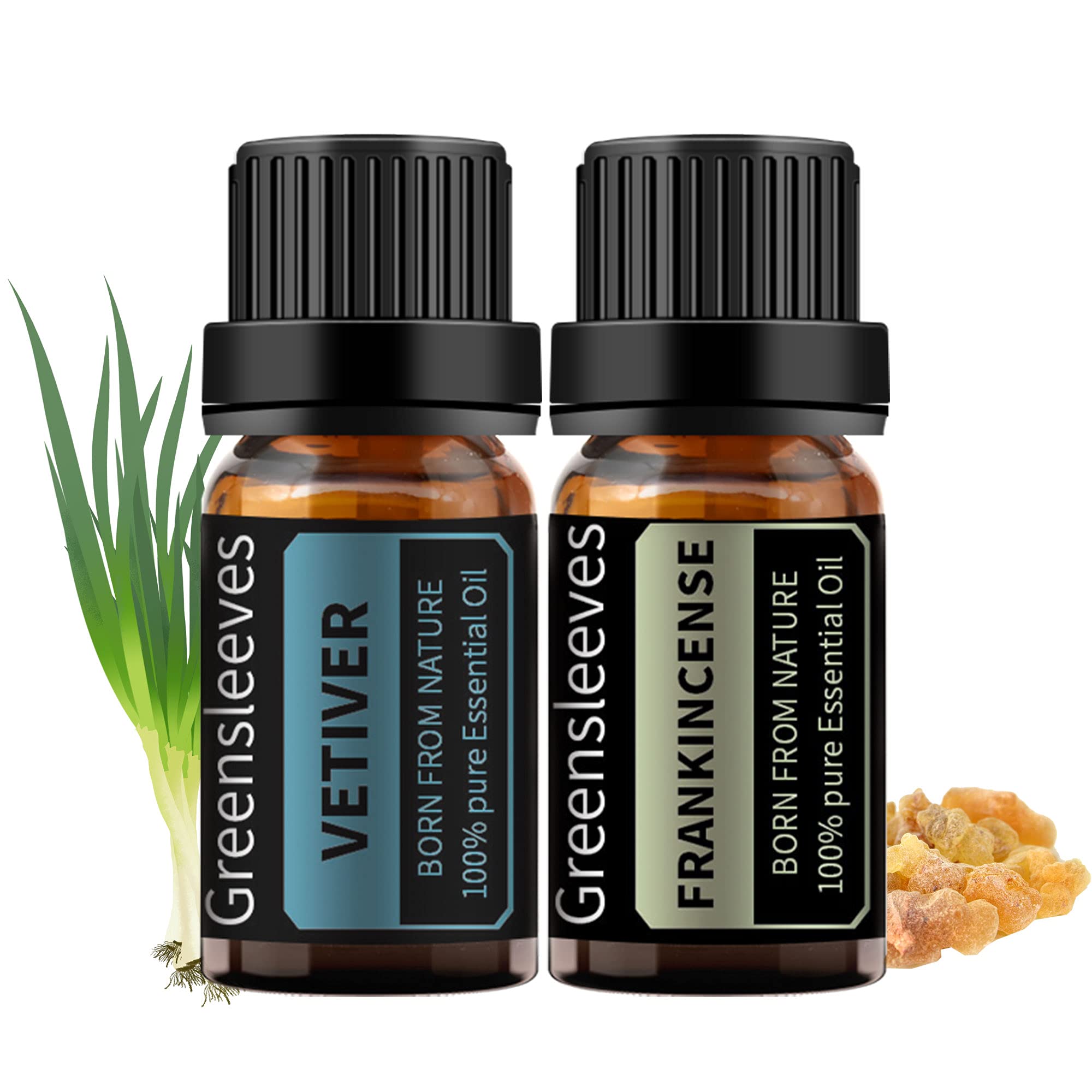GREENSLEEVES Frankincense Vetiver Essential Oil Set, 2 x 10ml Pure Plant-Based Fragrance Oil for Aromatherapy, Essential Oils for Diffuser, Massage,