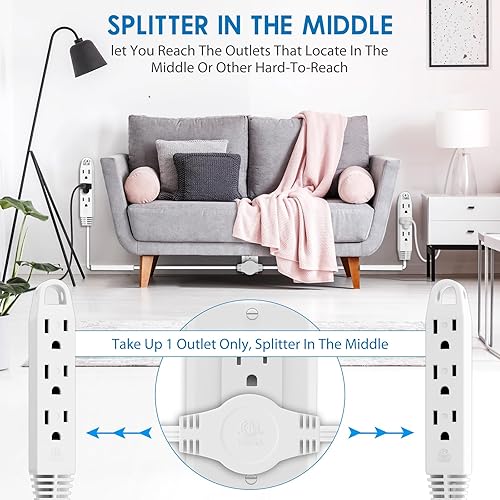 Miniatura 9 de K KASONIC Tira de alimentación de cable de extensión doble de 3 clavijas de 12 pies, 6 pies en cada lado, enchufe de salida de cabeza plana, 6