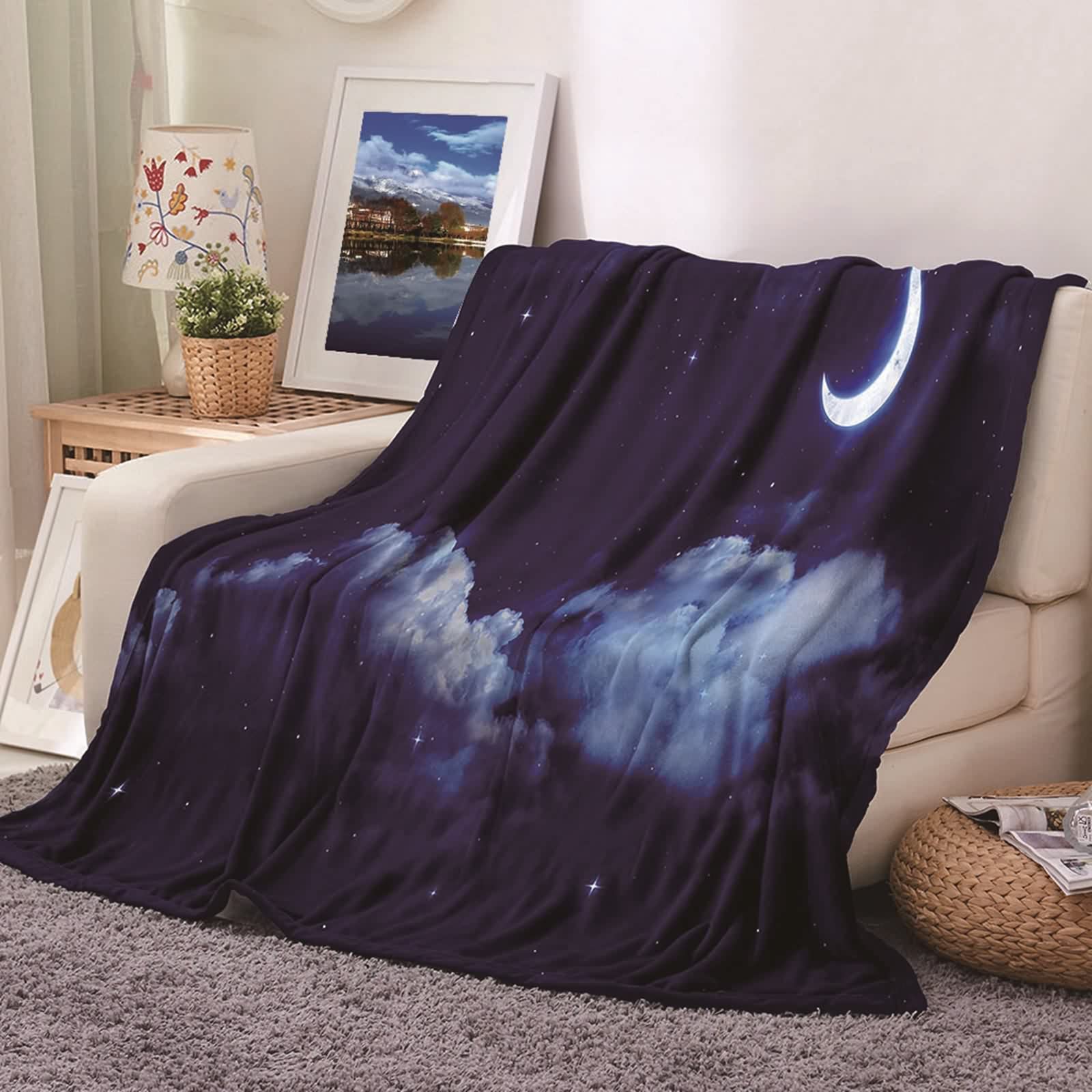 Couverture polaire flannel lit d'appoint l&eacute;g&egrave;re bleu ciel de nuit lune
