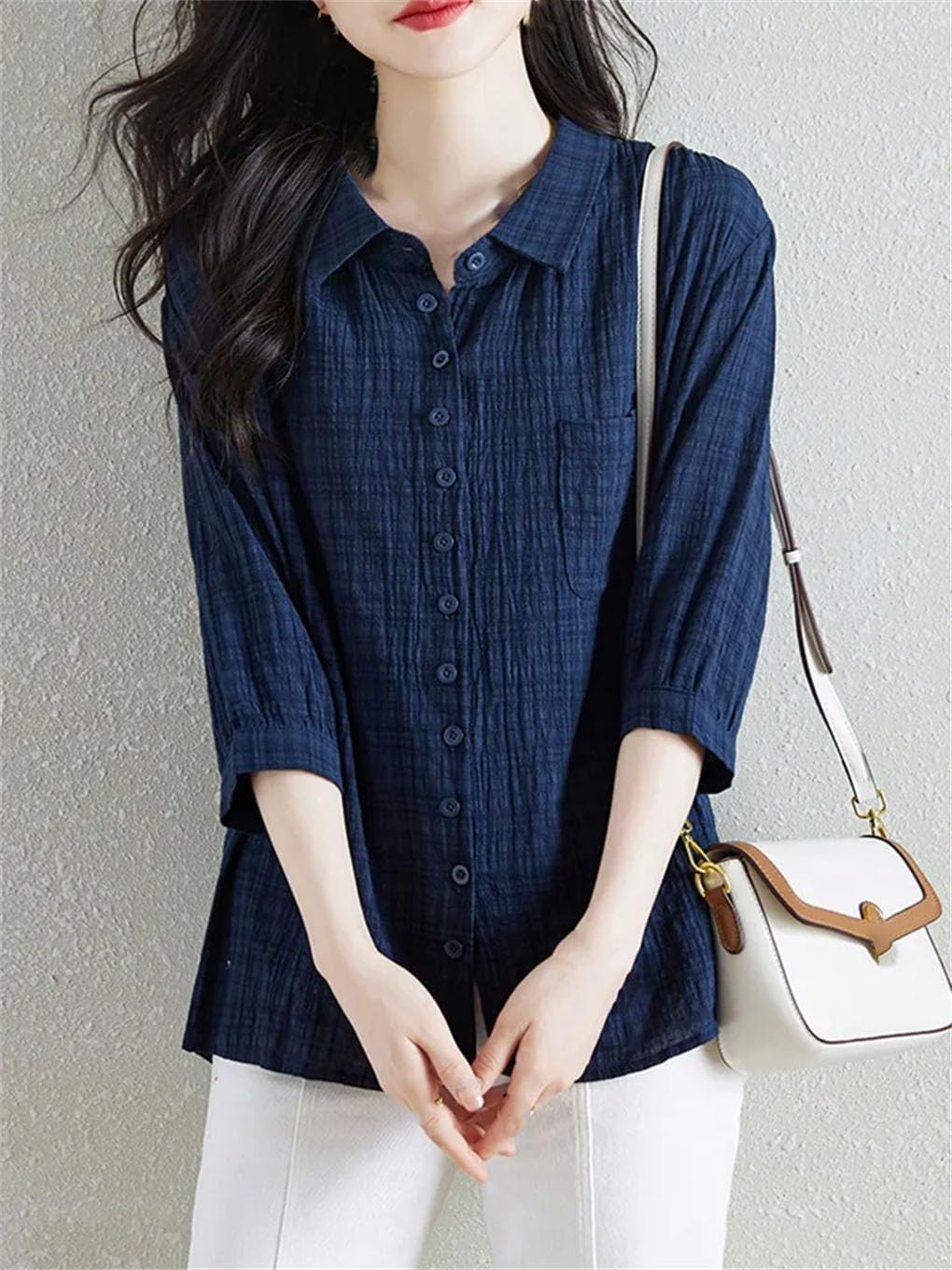 Camisa casual de algodón para mujer, vintage, a cuadros, media manga, holgada, para mujer