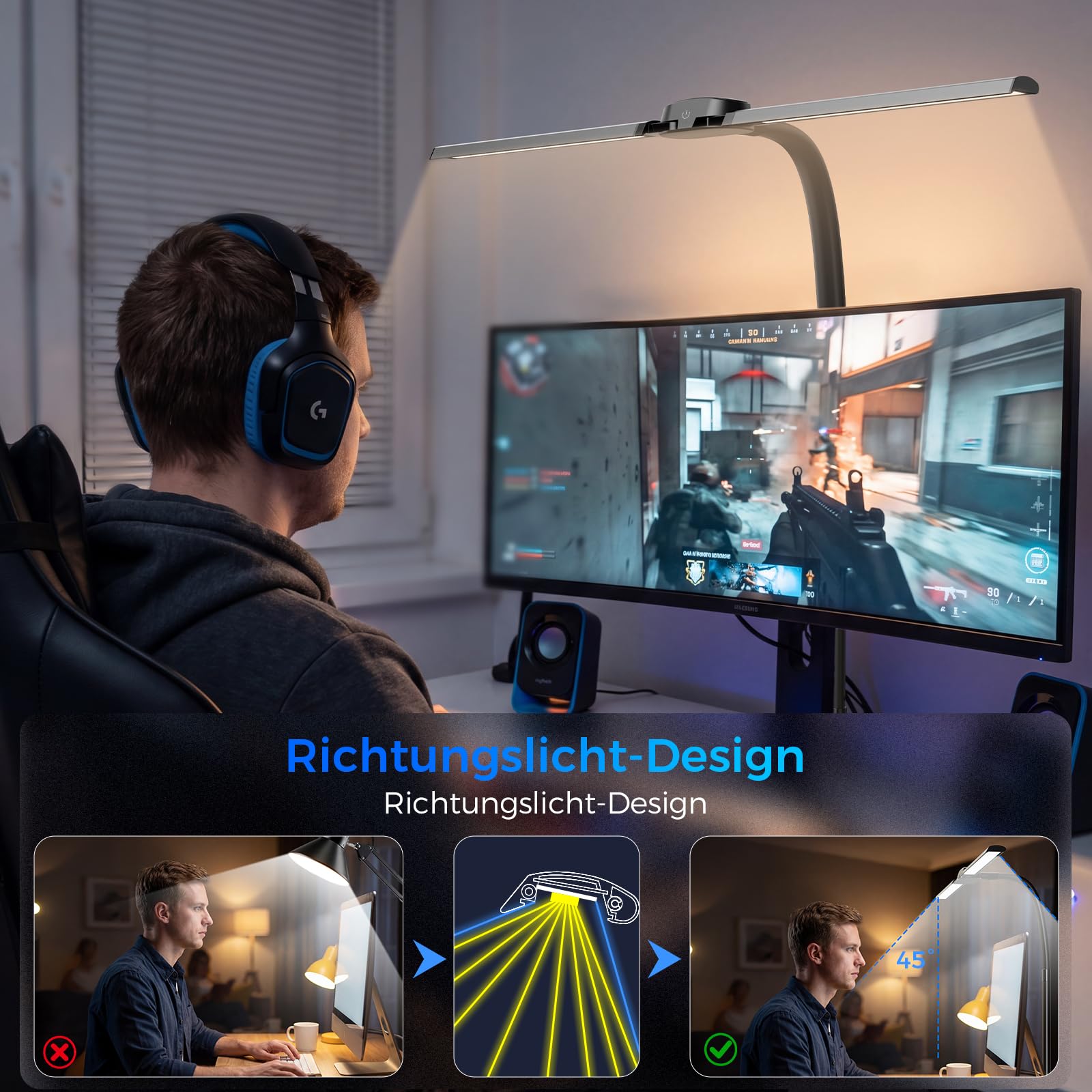 Schreibtischlampe LED Dimmbar - 1400LM 24W Doppelkopf Klemmbar Büroschreibtischlampe mit Fernbedienung, 80CM Schwanenhals Schreibtisch Lampe Tageslichtlampe mit Ladefunktion, Schwarz T01