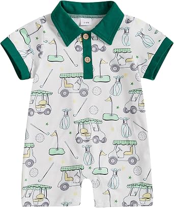 Newborn Baby Boy Golf Outfit Golf Cart Onesie Polo Shirt Romper Short Sleeve Jumpsuit Cute Infant Summer Clothes