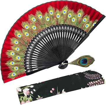 OMyTea Hand Held Folding Fan for Women Peacock Chinese Japanese Oriental Asian Style - for Wedding, Dancing, Church, Party, Gifts Red
