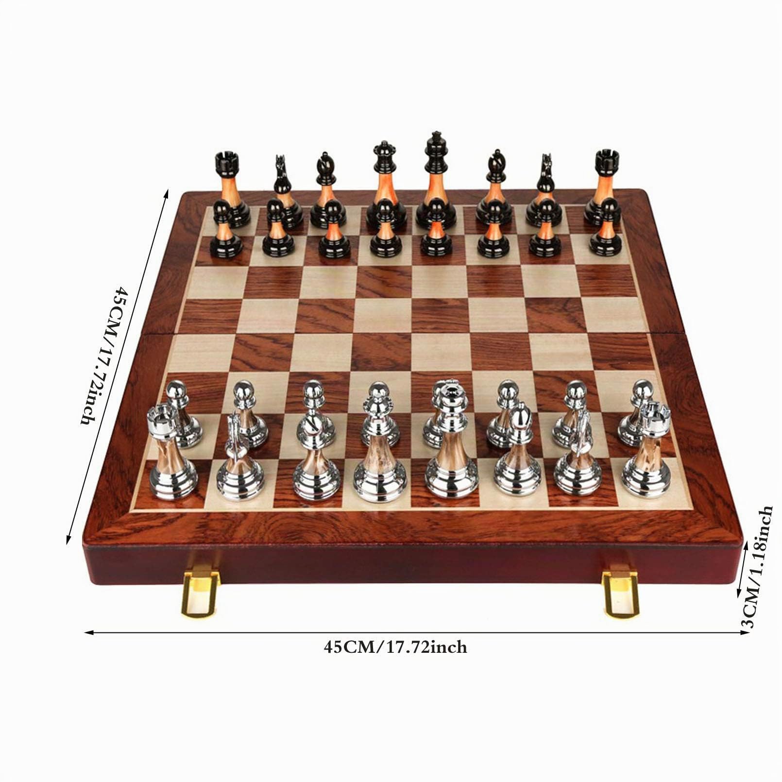 Scacchiera di alta qualità in legno pieghevole, gioco di scacchi in legno fatto a mano, giochi da tavolo per 2 persone, scacchi metallo metallo, giochi per adulti,45 x 45 x 3cm