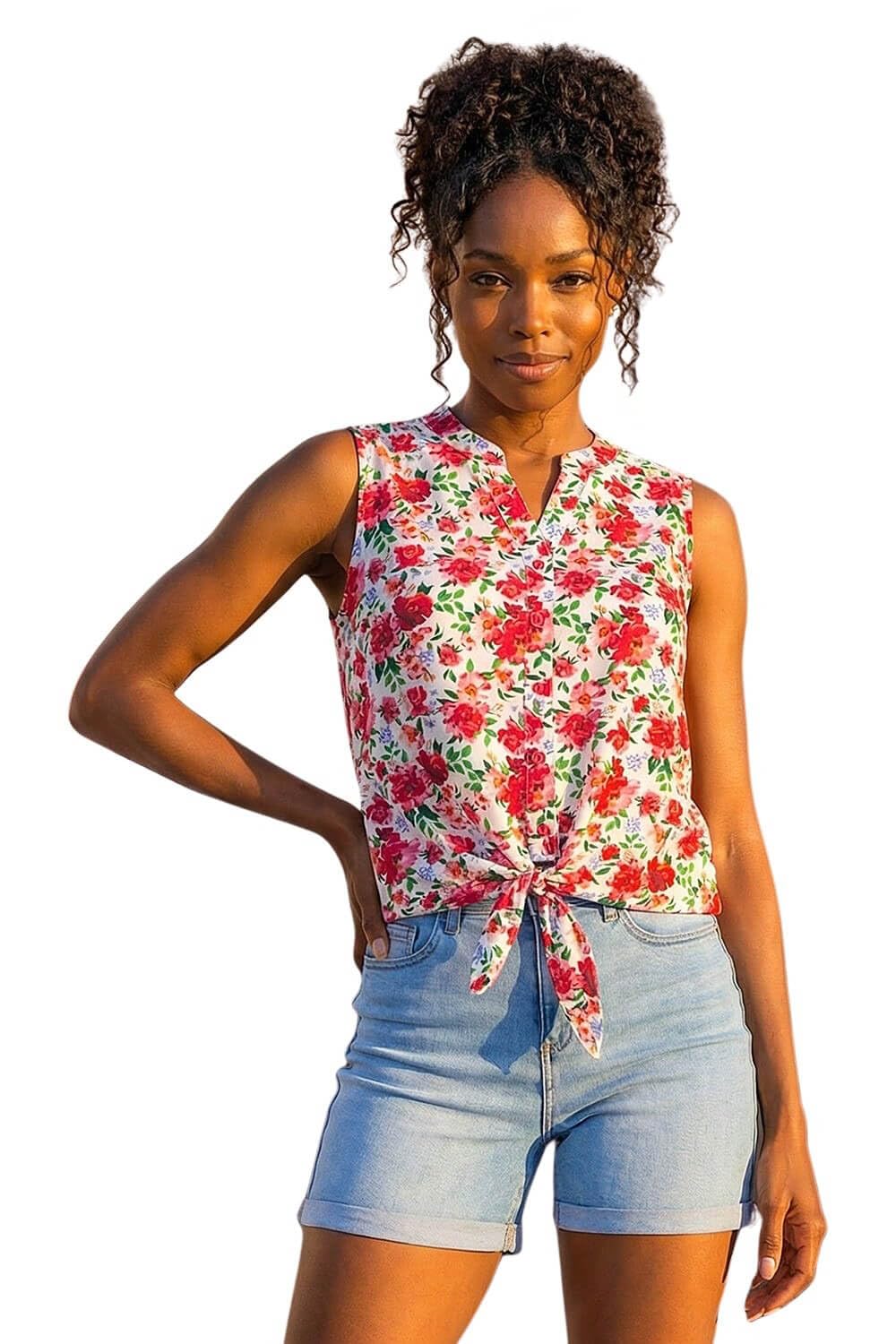 Roman Women's Red Floral Tie Front Blouse Size 16