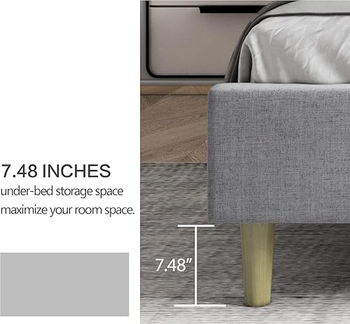 Miniatura 72 de Zoophyter Base de cama tapizada de tamaño matrimonial con cabecero, listones de madera fuertes, no necesita somier, fácil montaje, lino blanco