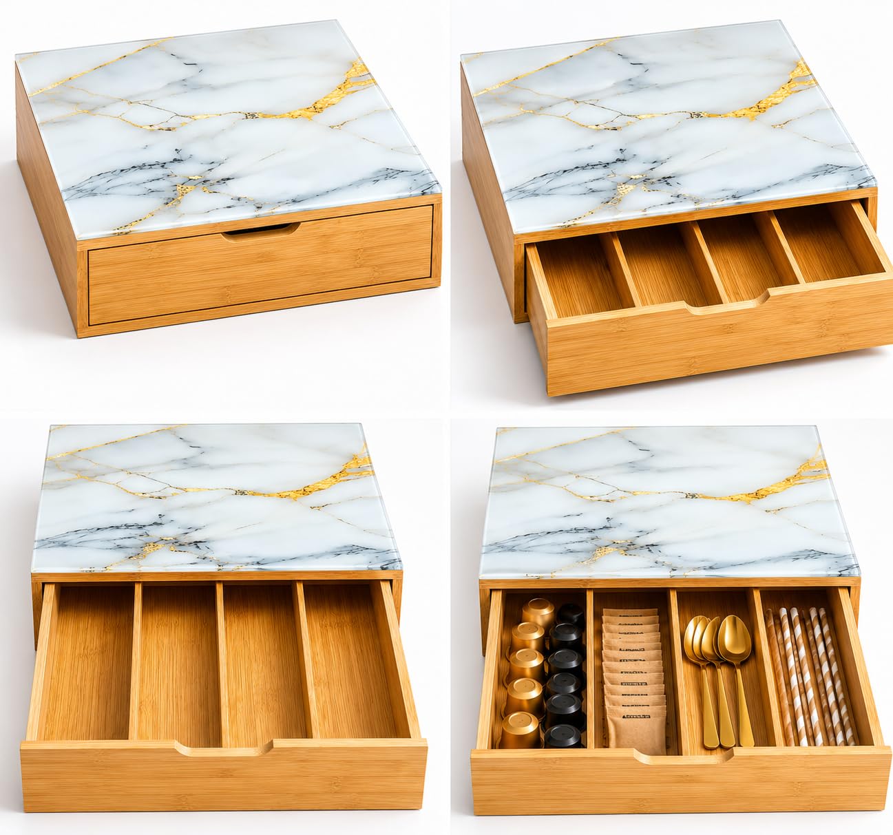 Cassetto Portacapsule in Bamboo con Piano in Vetro Effetto Marmo – Organizer Capsule Caffè 4 Scomparti, Porta Capsule e Cialde, Salvaspazio per Cucina e Coffee Station