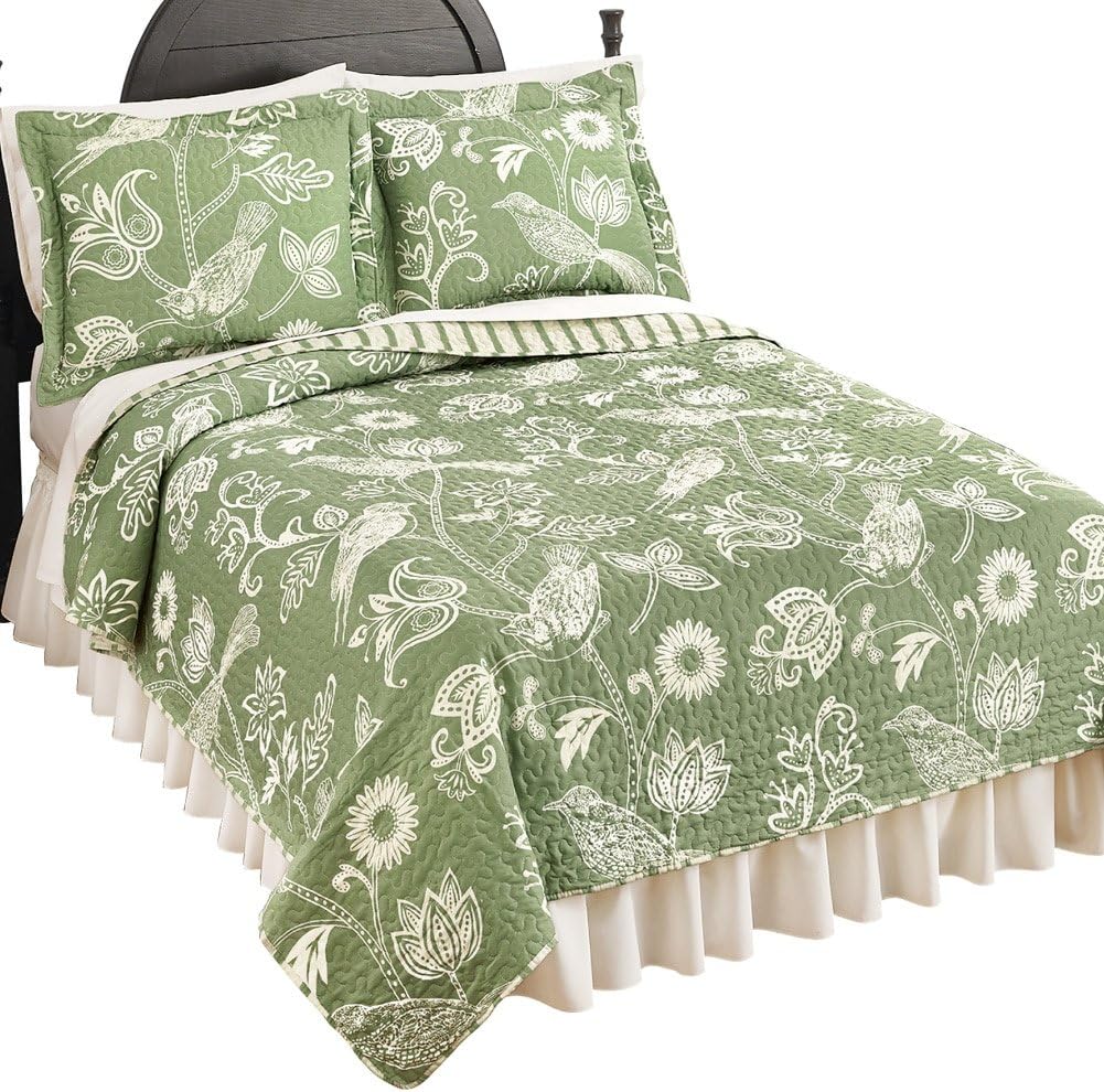 Amazon｜ペイズリー柄鳥と花柄プリントリバーシブルストライプ軽量キルト ツイン グリーン 35404 SAGE TWIN｜キッチン用品