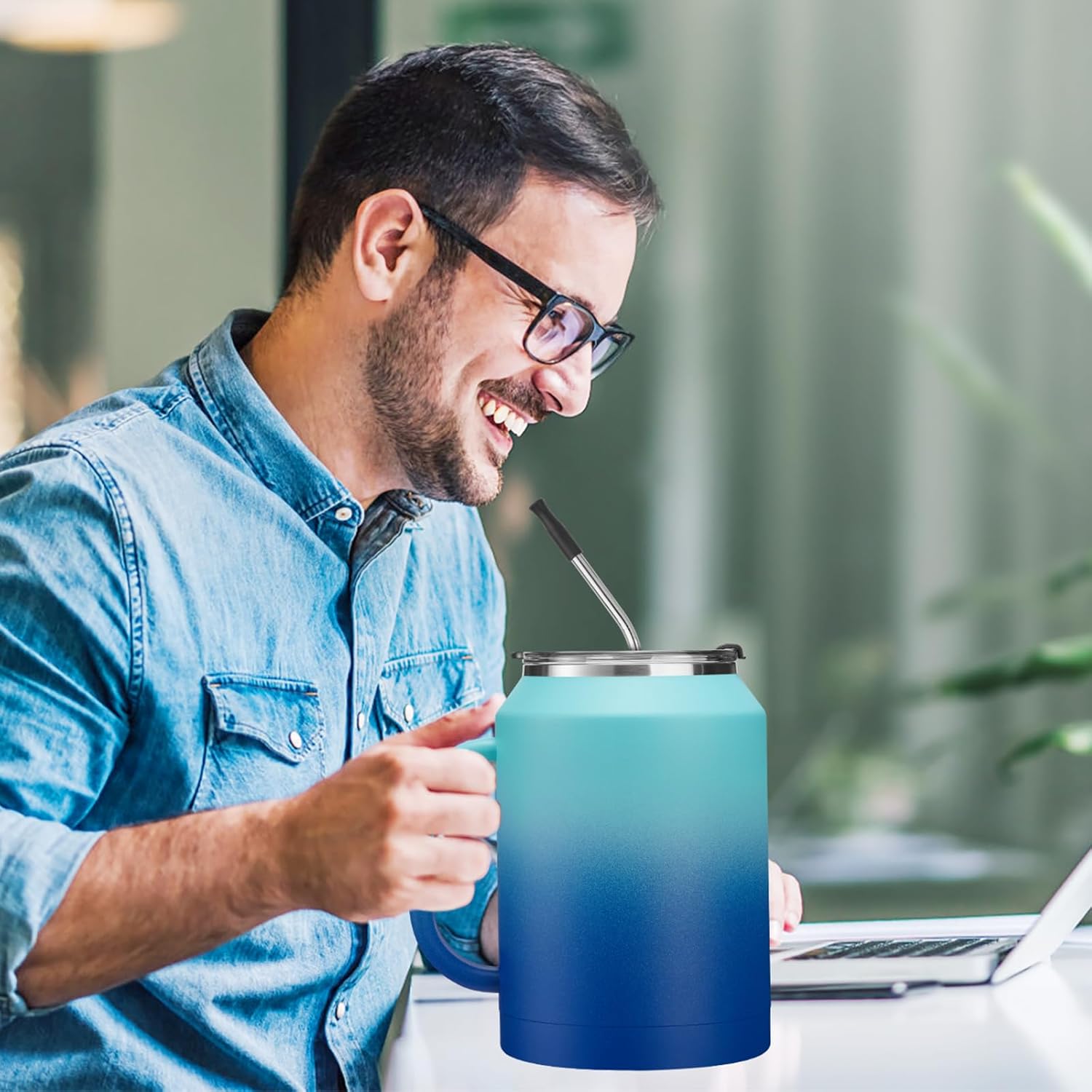 50oz Insulated Mug Tumbler with Handle - Keep Cold-36h & Hot-24h, Stainless Steel Water Jug 50 oz Coffee Mugs with Straw & Spout Lid, Wide Mouth Metal Water Bottle Camping Flask Hospital Cup Travel - Image 6