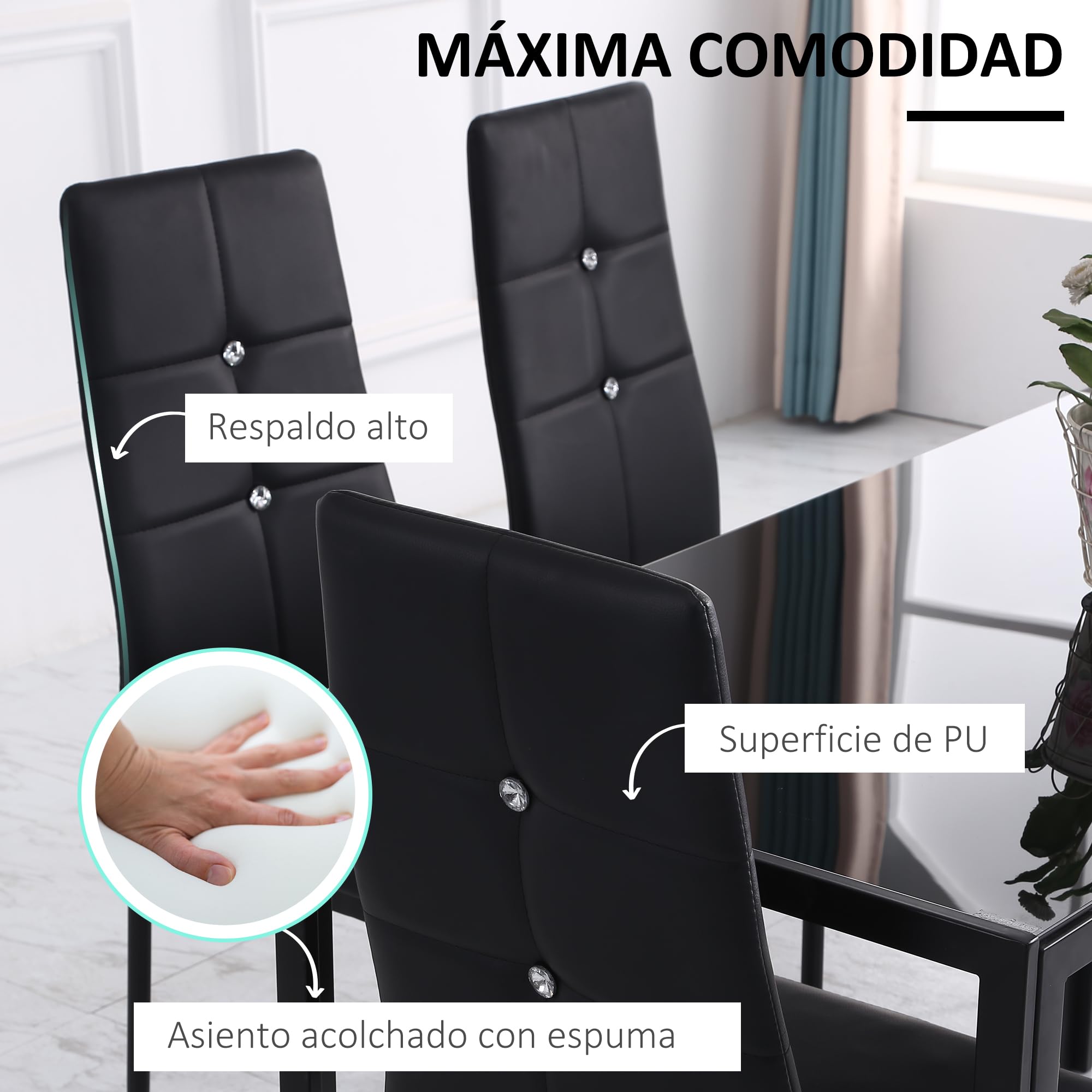 HOMCOM Juego de 6 Sillas de Comedor con Respaldo Alto para Salón Negro | Tapizada en PU, Sillas de Cocina Modernas, Botones, Patas de Acero, Dormitorio