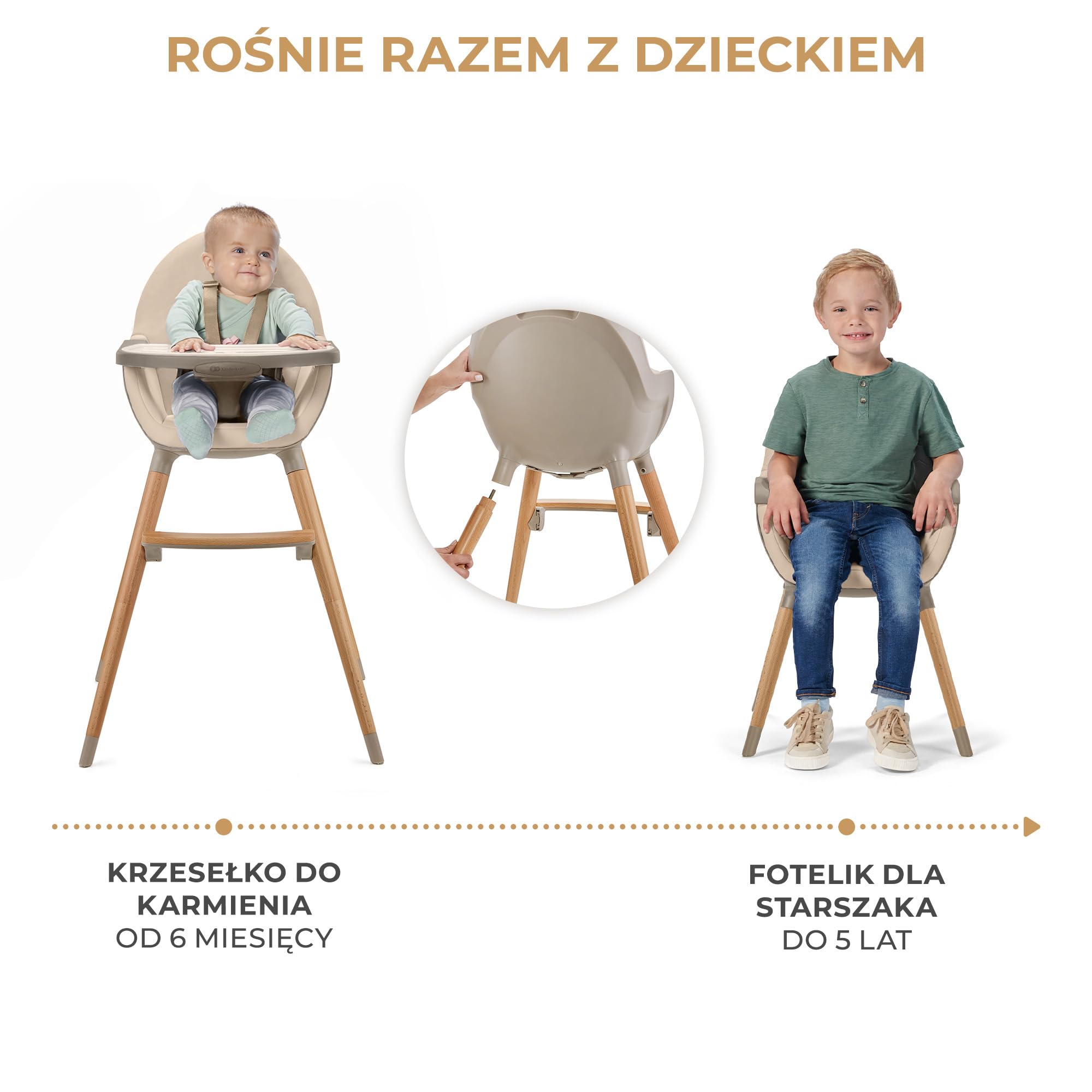 Kinderkraft Krzesełko do karmienia FINI2 2w1, Krzesło dla starszaka, Regulowana zdejmowana tacka, Drewniane antypoślizgowe nożki, 5-Punktowe pasy bezpieczeństwa, Łatwy w czyszczeniu, Beżowy