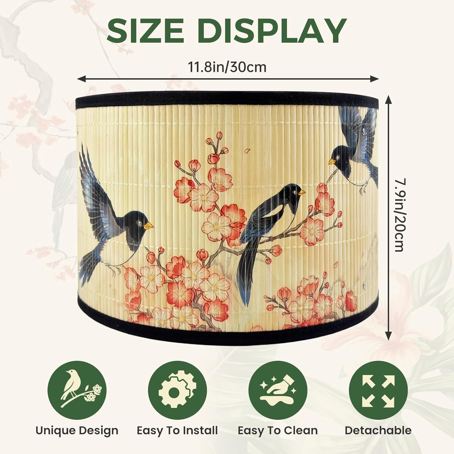 Bamboo Shades，E27 11.8×11.8×7.9inch Bamboo Lampshade,Featuring Tropical Motifs and Floral-Bird Designs.For Replacing Lampshades on Chandeliers and Floor Lamps.