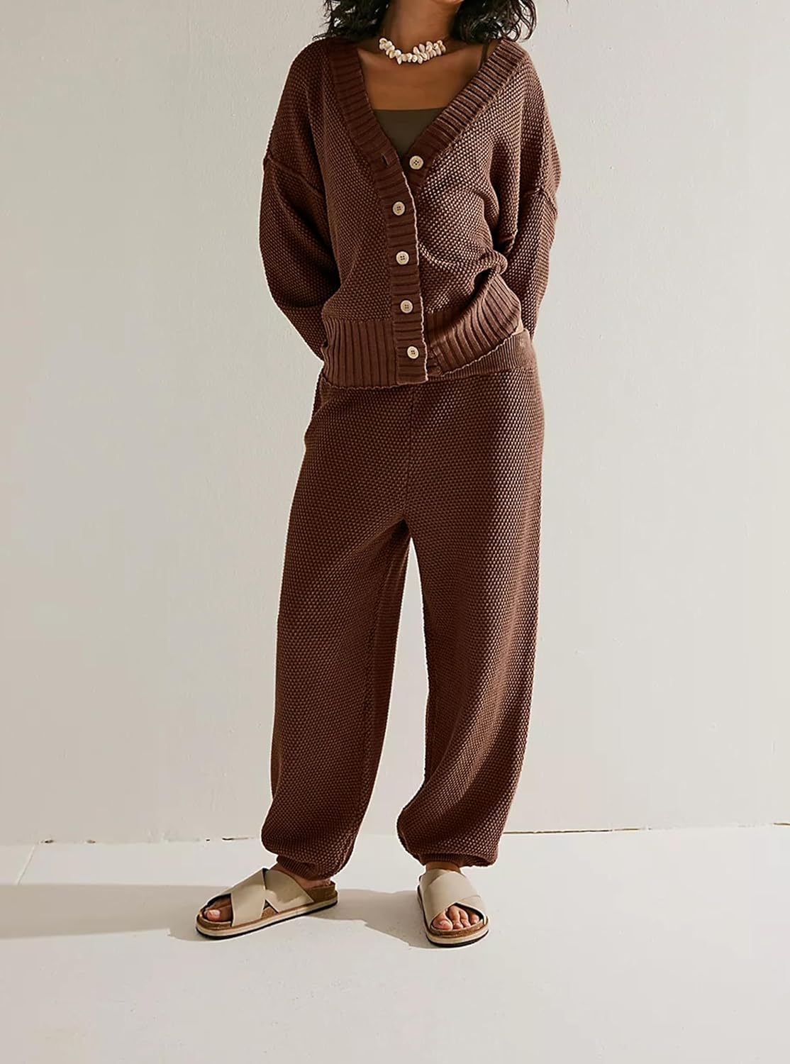 Miniatura 3 de calbatic Conjunto de dos piezas para mujer, suéter de punto y pantalones de pierna ancha, ajuste holgado, conjunto casual de descanso, Marrón