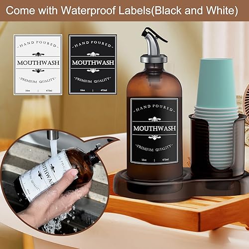Miniatura 10 de Dispensador de enjuague bucal de vidrio ámbar con portavasos para baño, contenedor de botellas de enjuague bucal recargable de 16 onzas con bandeja,