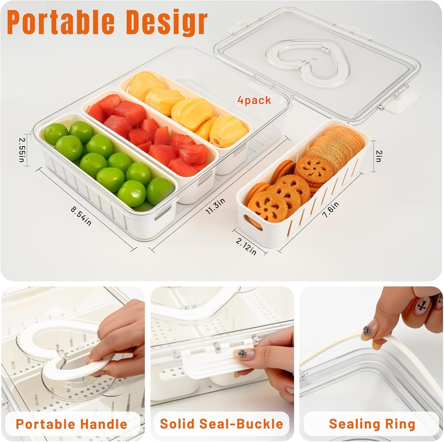 Divided Snack Serving Tray with Lid and Handle travel Snackle Box Charcuterie Container Portable Storage Organizer for Candy Divided Serving Tray with Lid for Fruits, Snacks, Sauces & More - Image 3