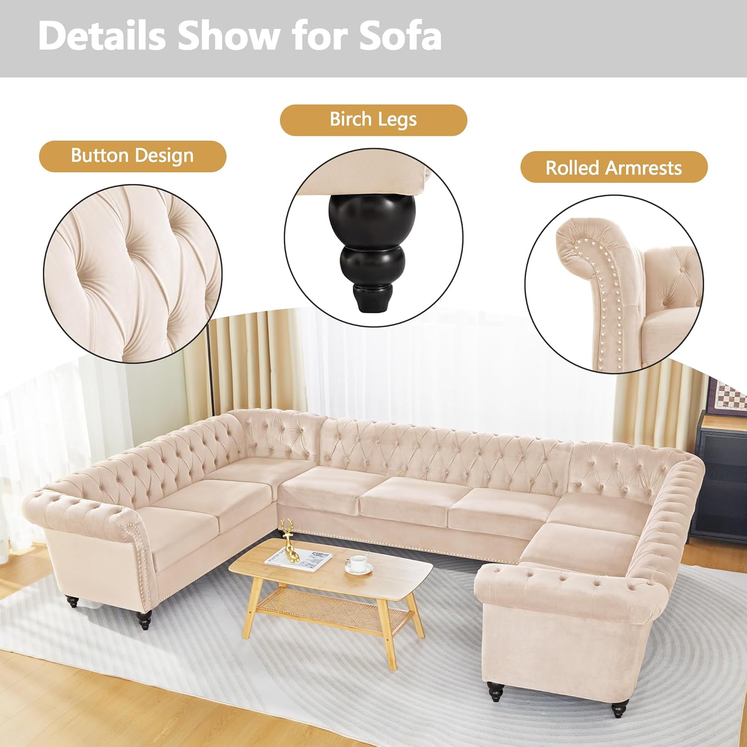 QHITTY U-Shaped Sofa, Sectional Chesterfield Velvet Couch 9-Seater Upholstered Large Accent Tufted Sofa with Rolled Armrest and Nailhead Design for Living Room, Apartment, Office (Beige)