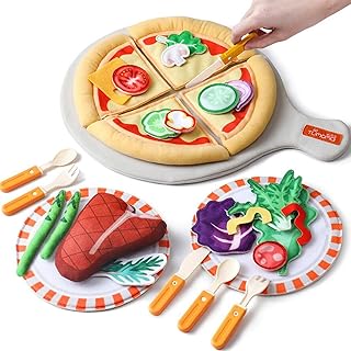 Conjunto de Comida 31 Peças Brinquedos de Feltro Cortando Pizza Brinquedos DIY Kits de Pizza com Bife Legumes Louça Acessórios Pratos Brinquedo de Cozinha Chef Role Play para Crianças 3 Anos +