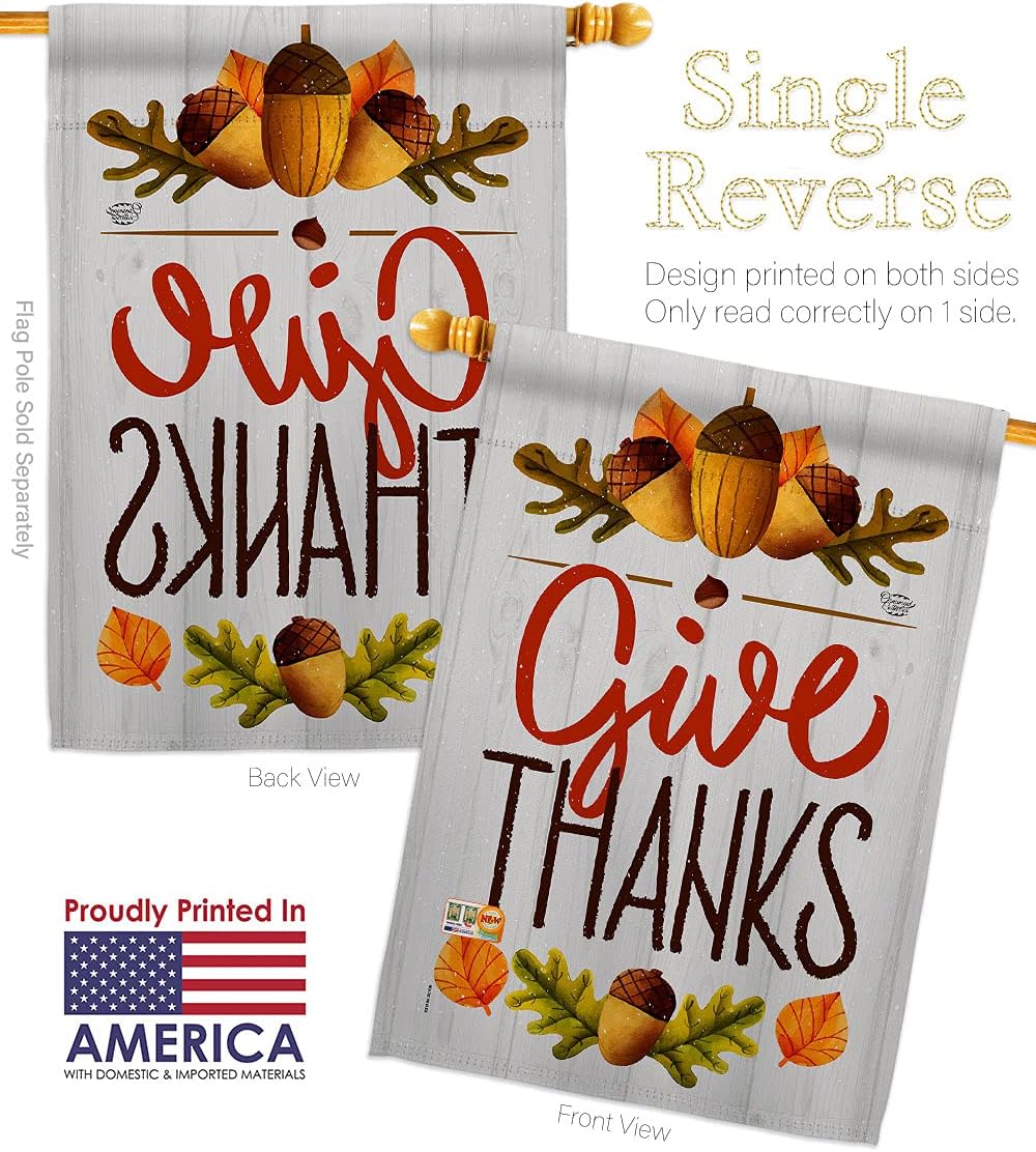 Give Thanks House Flag Falltime Thanksgiving Turkey Gobble Pumpkin Season Autumntime Cornucopia Small Decorative Gift Yard Banner Made In USA 28 X 40