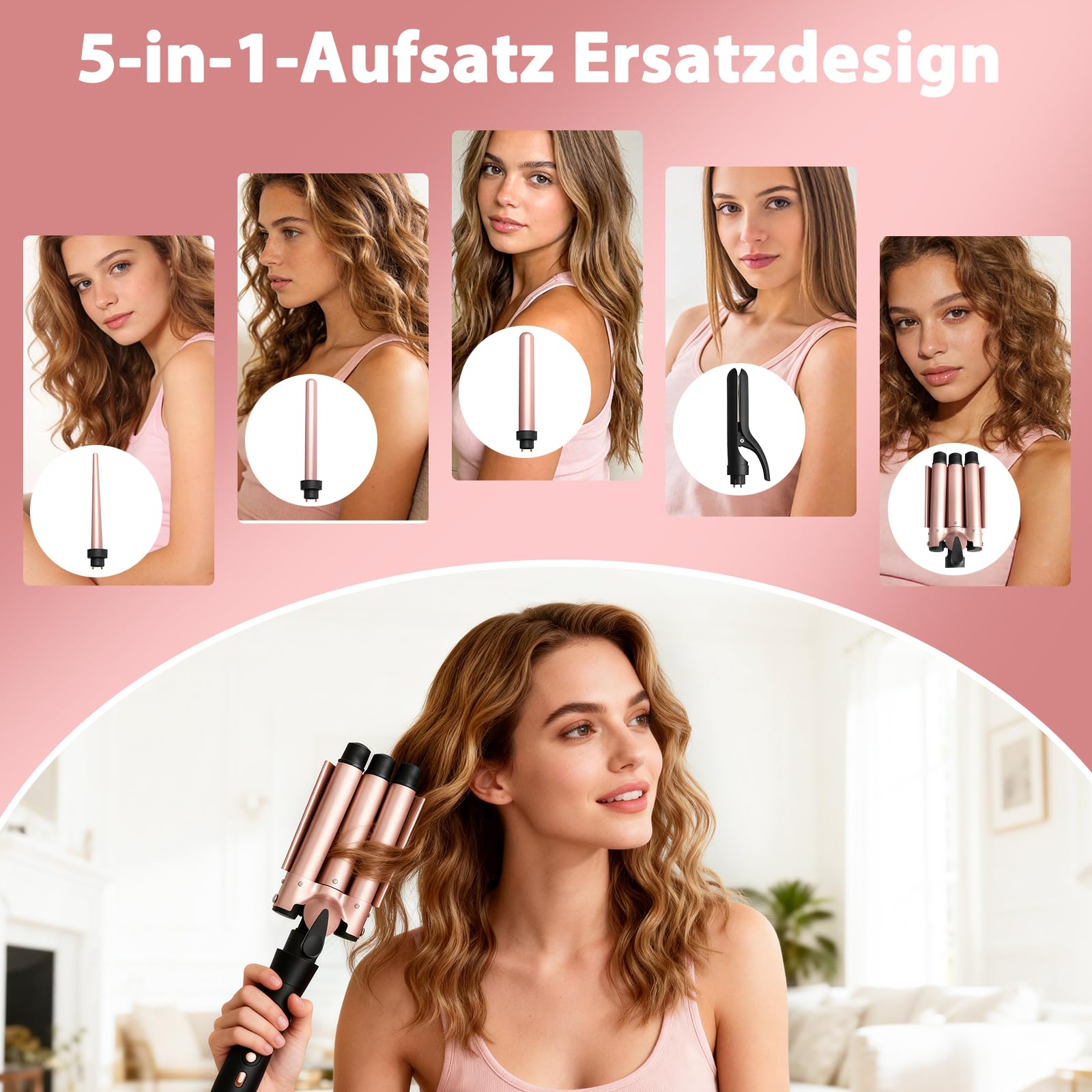 Juego de planchas de ondas (5 en 1, incluye Crimper Waver y 4 barriles de cerámica para crear olas grandes, calentamiento rápido de pelo