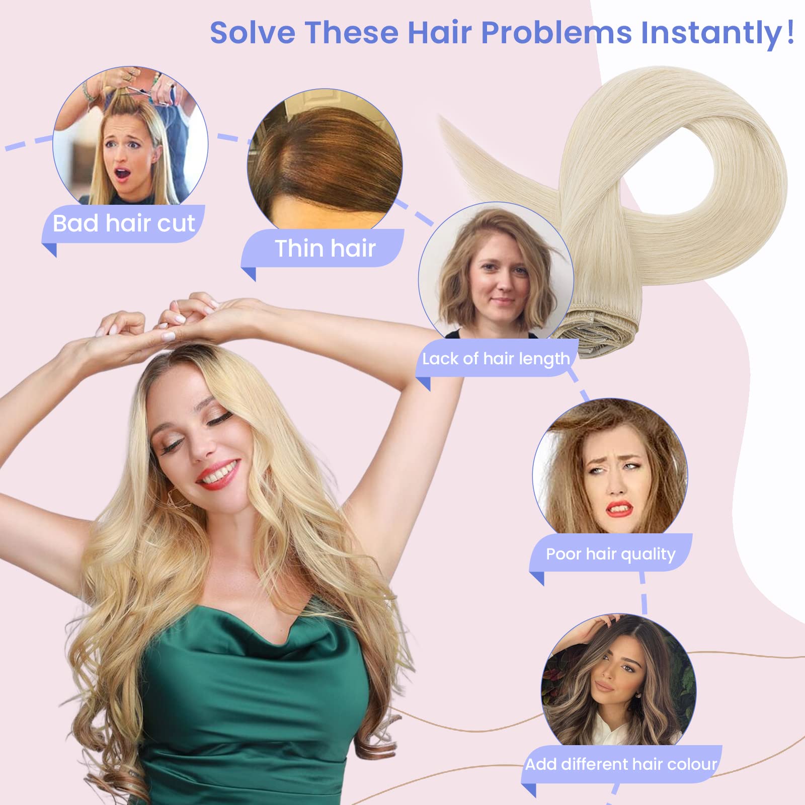 Elailite Hair Extension Real Human Hair Blonde Clip in Remy Natural Hair, 8 Pieces (Thin Weft) Full Head Straight - Image 2