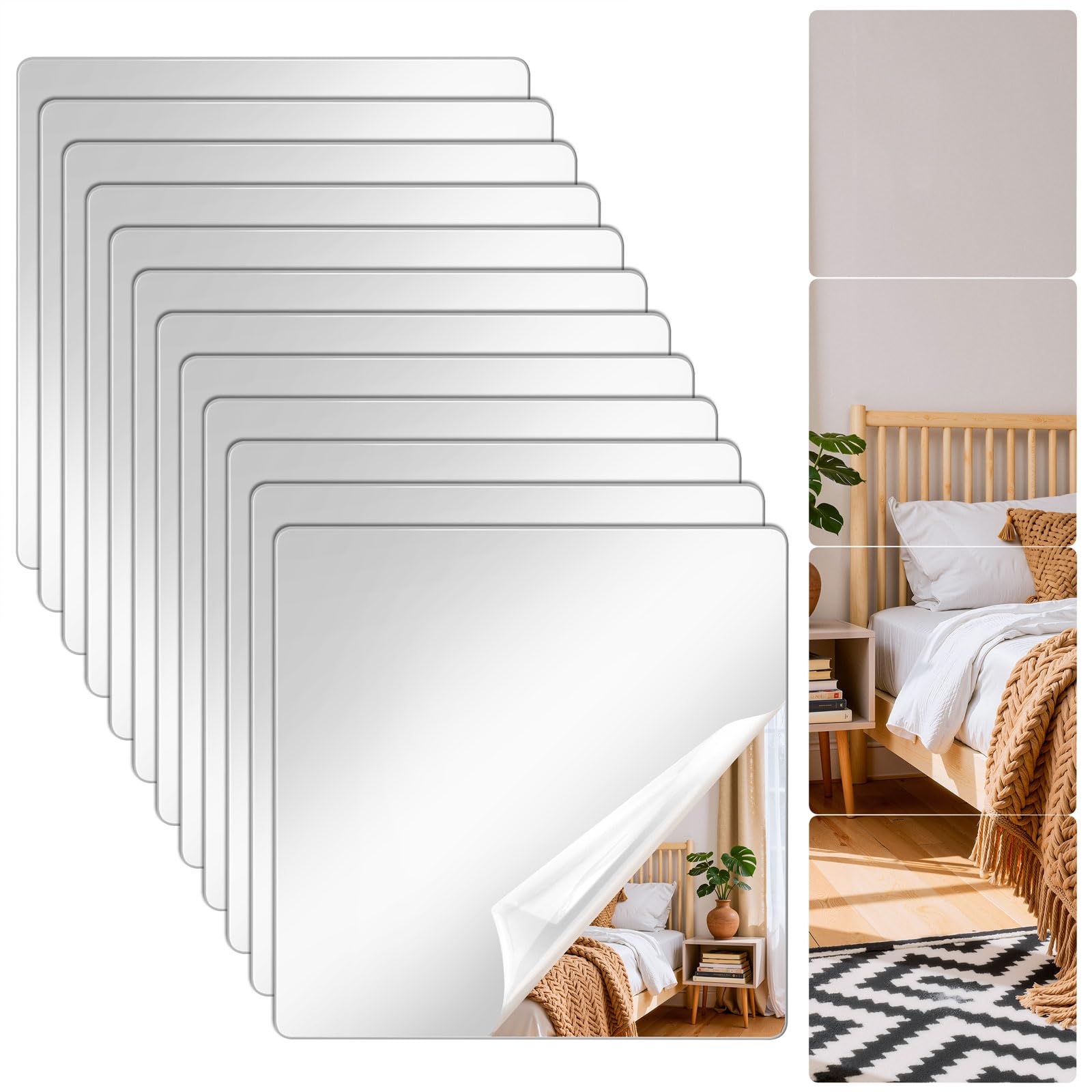 12 Pcs Self Adhesive Mirror Tiles,15x15 CM Self Adhesive Acrylic Mirror,Flexible Mirror Sheets,Acrylic Mirrors Stickers,Stick on Mirrors for Bathroom,Bedroom,Wardrobe,Hallway,Living Room,Toilet