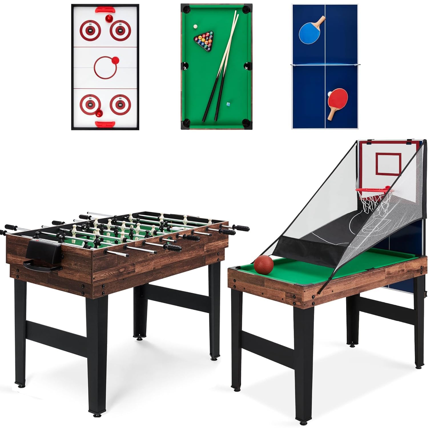 FCOUMY 5 in 1 Multi Game Combo, Pool, Foosball, Table Tennis, Air Hockey & Basketball with All Accessories (4FT)