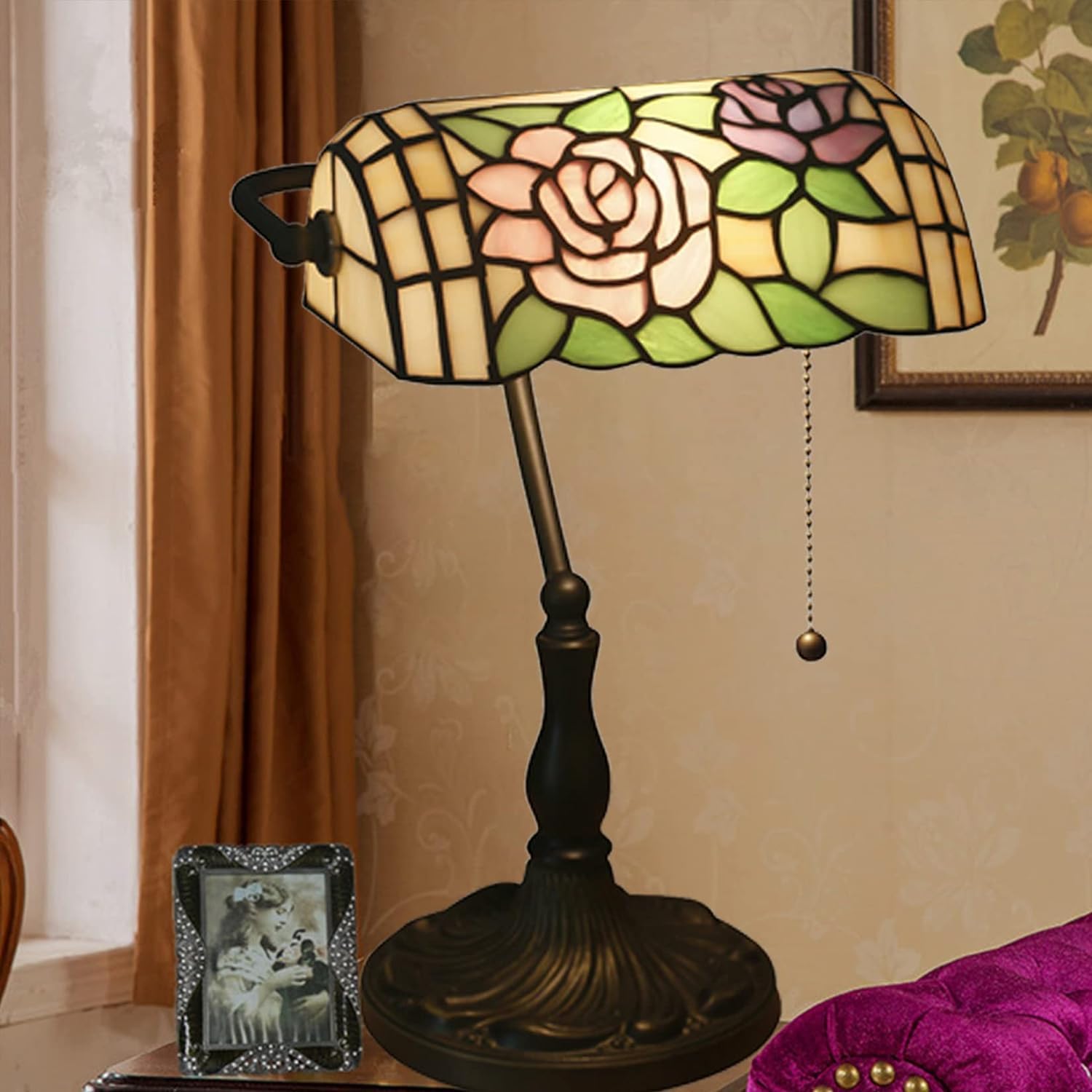 Lampa bankierska Lampa na biurko w stylu Tiffany'ego Czerwona różowa róża Koliber Witraż Lampa stołowa 15 "wysoka luksusowa regulowana lampa fortepianowa dla kochanka Dziewczyna Pani Salon Sypialnia,
