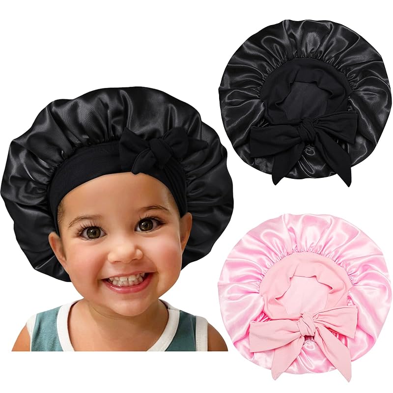 Touca de cetim Isshin Beauty para crianças, ajustável, preta e rosa, pacote com 2