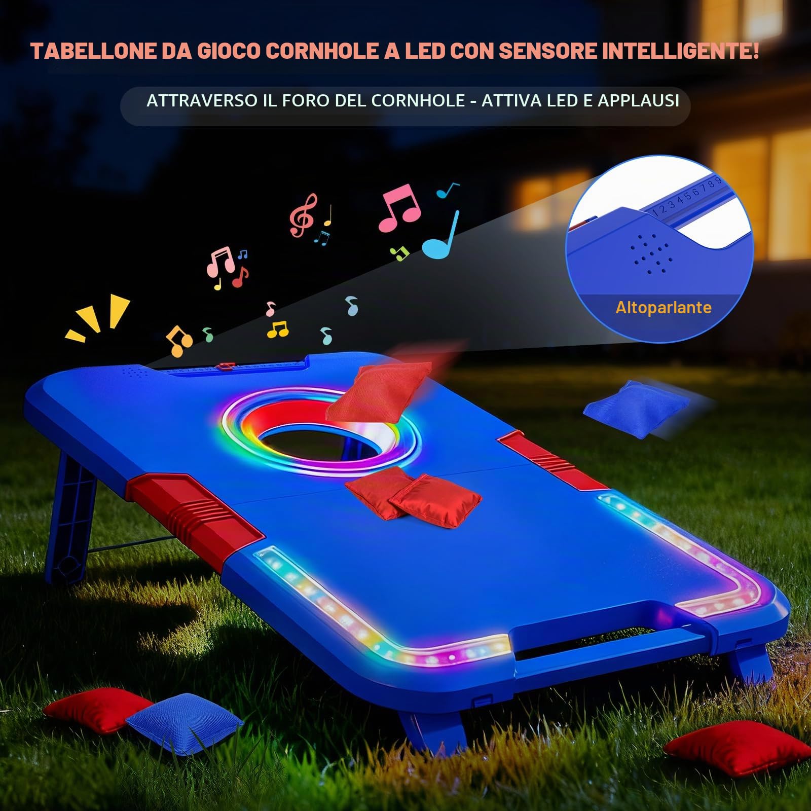 VATOS Set da Cornhole Portatile con Luci LED ed Effetti Sonori, Punteggiatore, Pieghevole – 2 Tavole e 8 Sacchetti per Giardino, Campeggio, Feste nel Posto Auto, Gioco all’Aperto per Bambini e Adulti | 2 tavole pieghevoli e 8 pouf per cortile, campeggio,