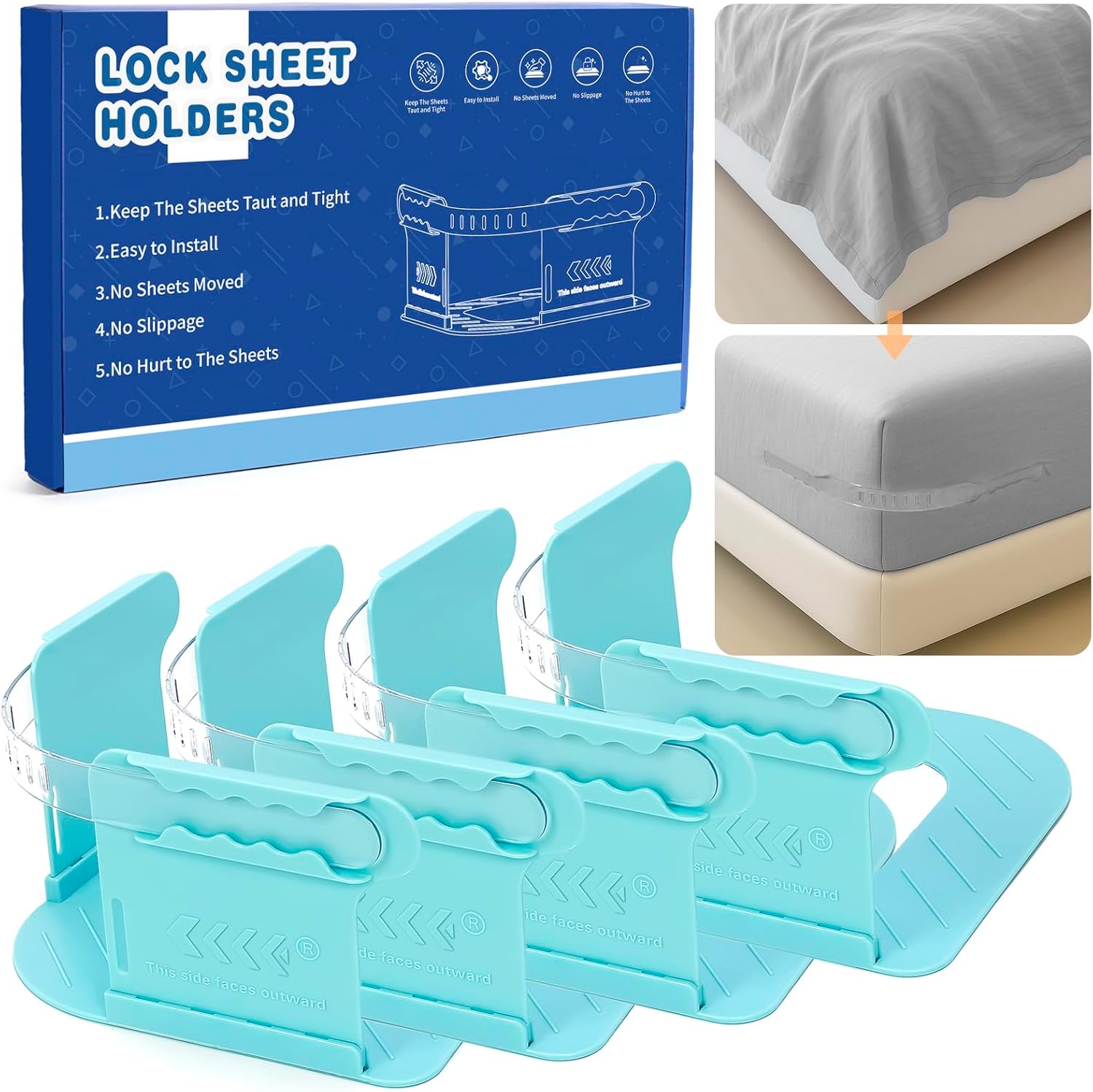 breakdark Lock Sheet Holders — Bed Sheet Holders, Fitted Sheet Holders for Corners — Keep Sheets Firm & Tight, Plastic Durable Heavy Duty Bedroom Bed Sheet Clips — Fit All Mattress Easy Installation (Blue)