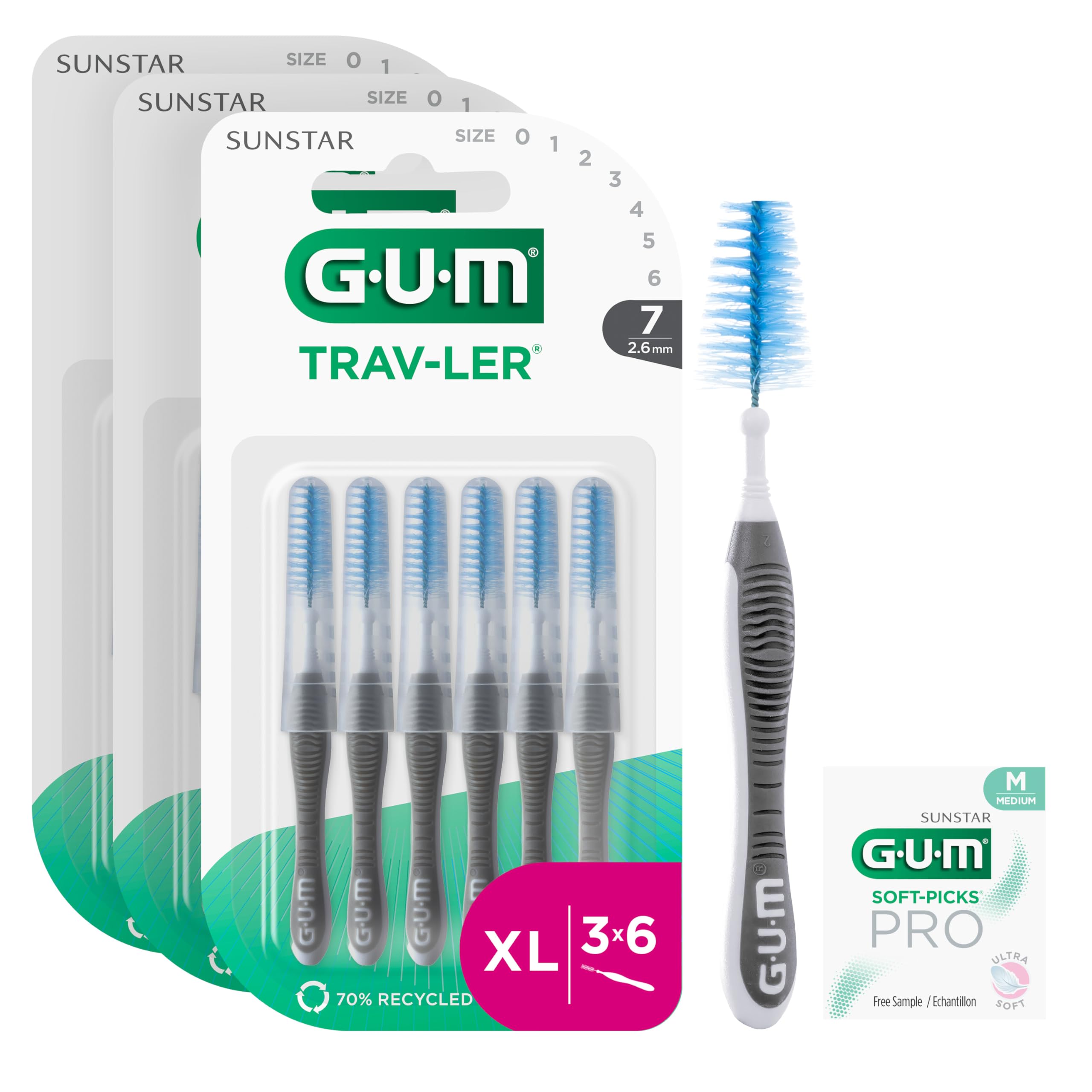 GUM TRAV-LER brossettes interdentaires | nettoyage en profondeur entre les dents | manche pliable | élimination de la plaque dentaire | 2.6mm, ISO 7 | Taille XL | Lot de 3x6 (+ 1 échantillon gratuit)