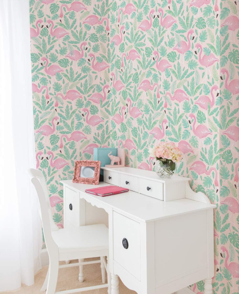 Simple Shapes Tropical Flamingo - Peel & Stick Fabric Wallpaper (96 inches, Pink)