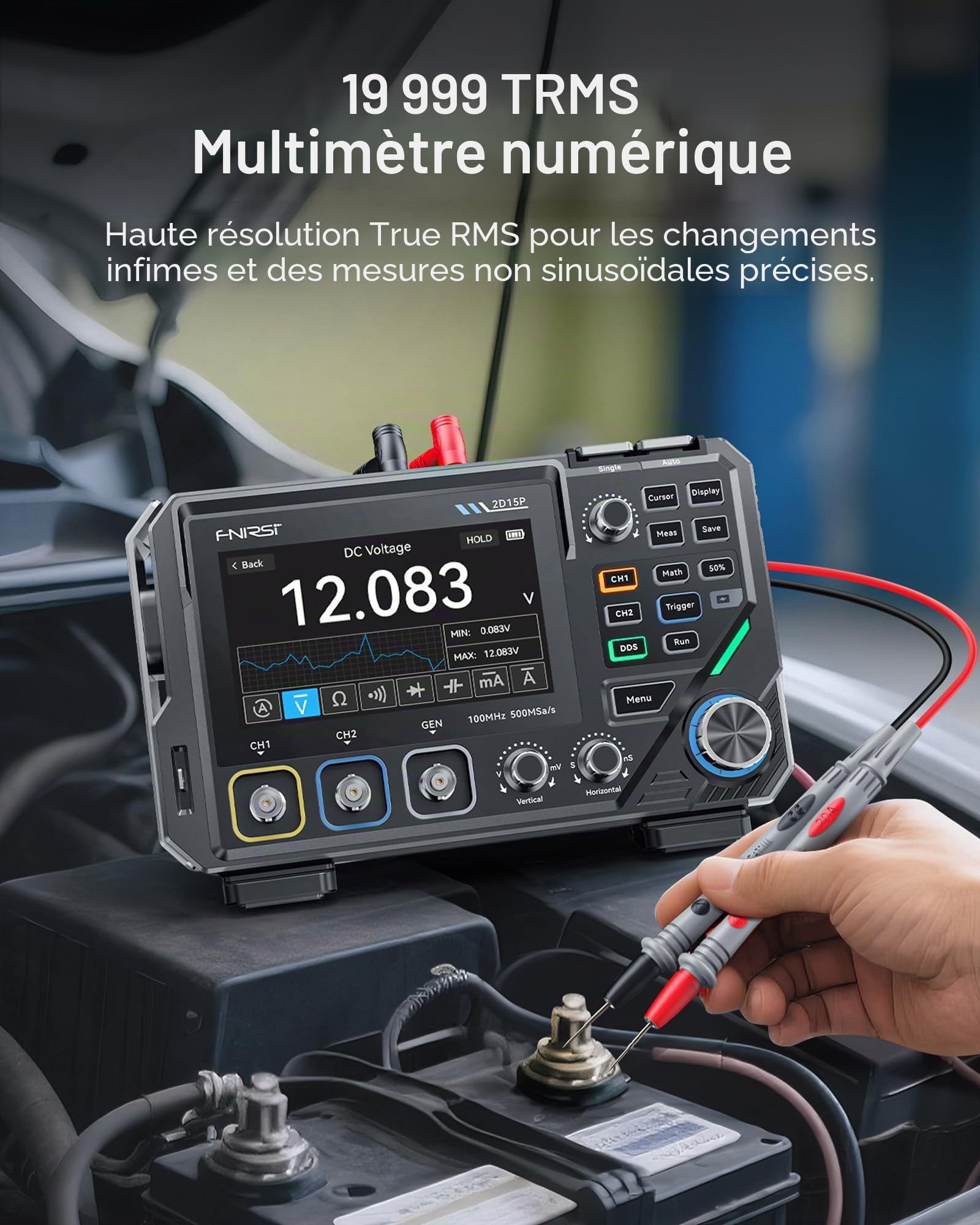 FNIRSI 2D15P 100MHz Oscilloscope Numérique Multimètre , Générateur de Signaux DDS 3 en 1, Multimètre 2CH pour L'industrie Auto, 19’999 TRMS, Fréq D'échantillonnage de 500MS/s, Écran Tactile de 4,3’’