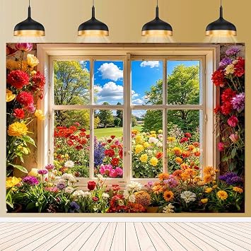 Spring Photography Backdrop for Vibrant Flowers Party Decorations Sunshine Grassland Spring Window Landscape Photo Background for Portraits, Parties, Studio, Wedding & Event Decor 5x3ft